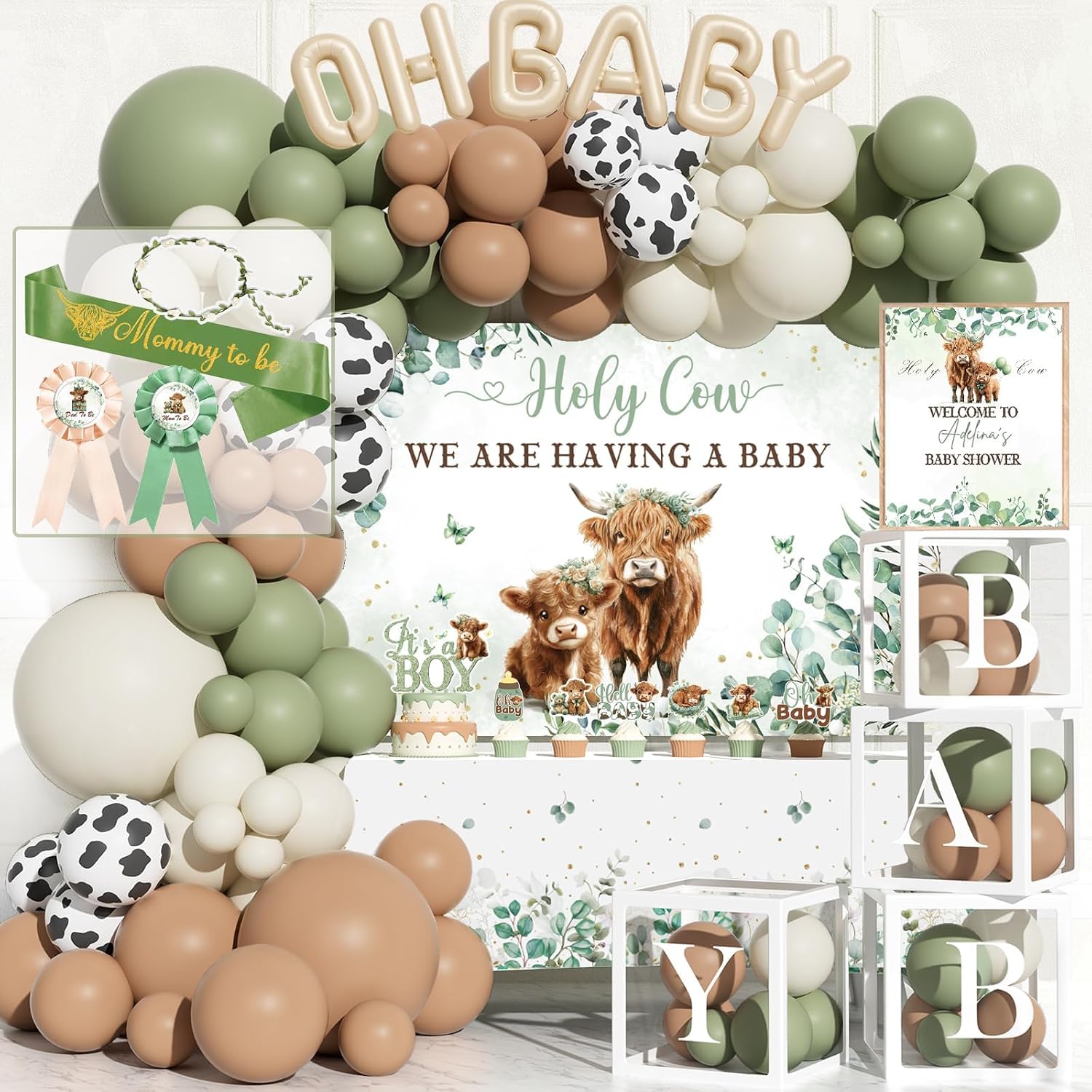 Hombae Highland Cow Baby Shower Decorations Boys, 131 PCs – Holy Cow Baby Shower Party Supplies with Backdrop, Balloon Garland, It’s a Boy Cake Topper, Mommy To Be Sash, Headband