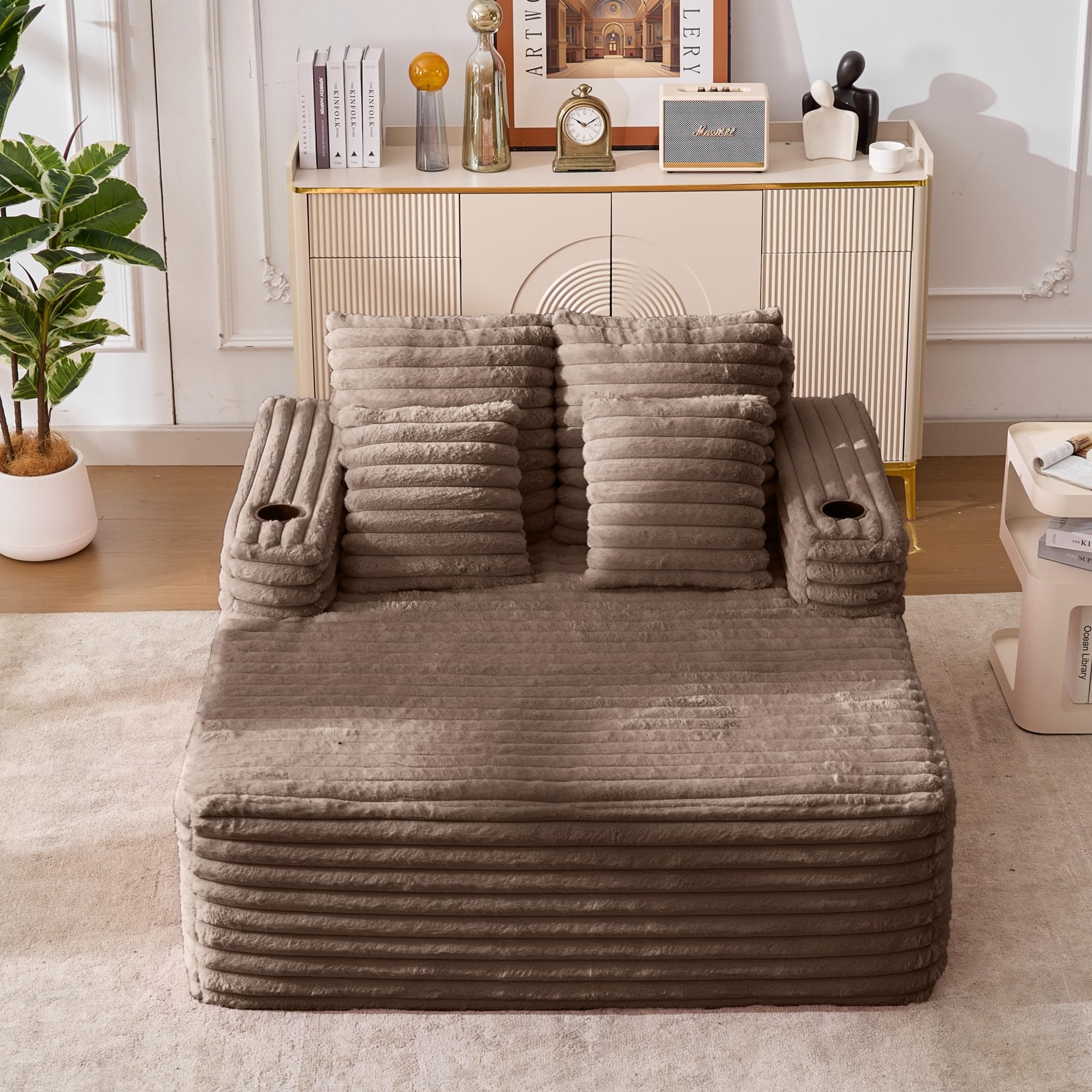Sillón de lectura grande – Sillón de piel sintética mullida con soporte para bebidas, chaise longue Cloud Chair sin montaje, marrón (marrón, 135 cm × 128 cm × 86 cm)