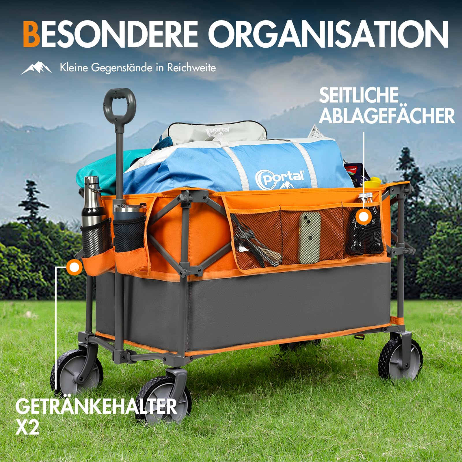 PORTAL Bollerwagen faltbar 300L XXL Große Ladefläche 120KG belastbar Handwagen mit Getränkehalter Seitentasche Transportwagen Leiterwagen klappbar Strandwagen Faltwagen für Garten Camping Festival