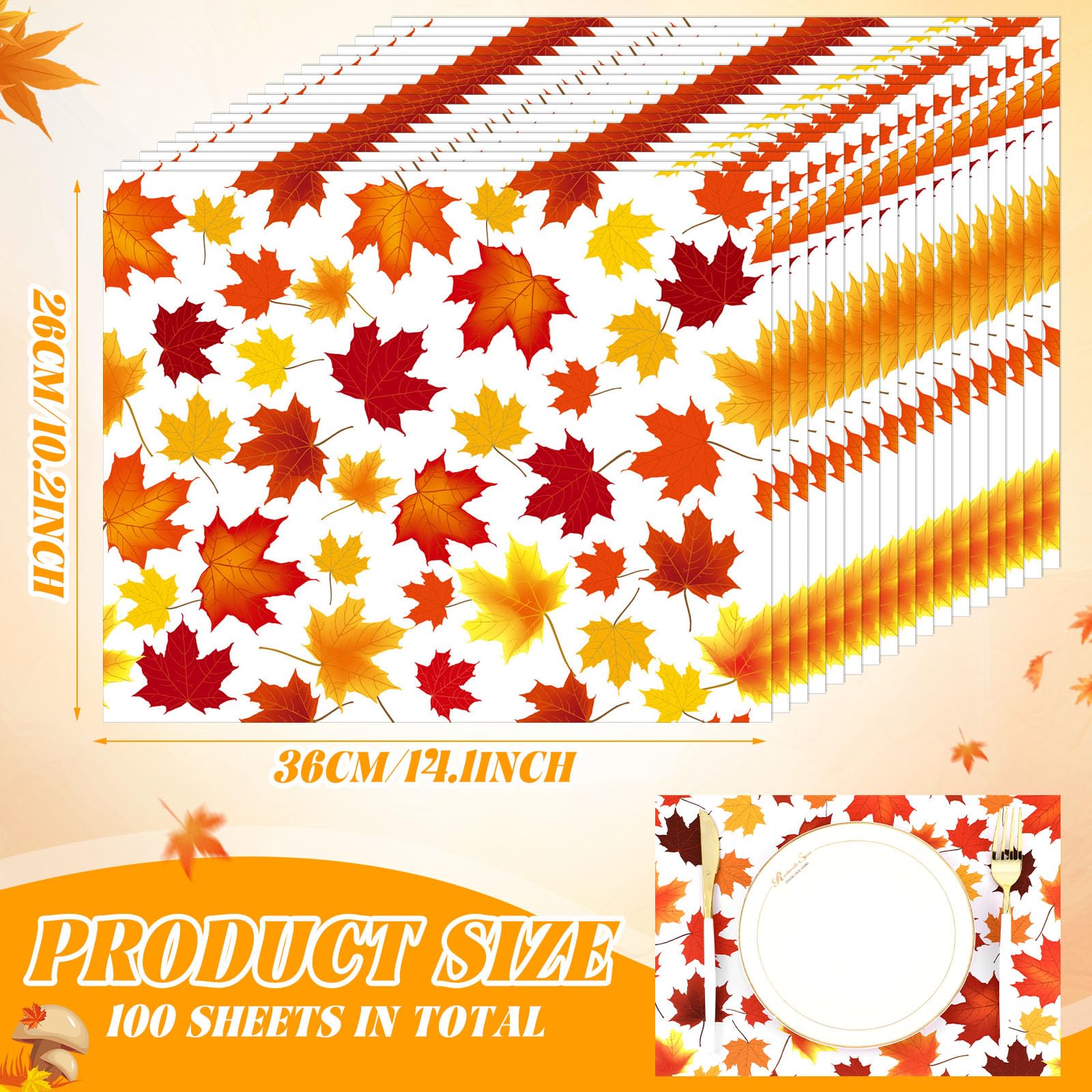 Paquete de 100 manteles individuales de papel de hoja de arce para mesa de comedor, hojas de cosecha, manteles desechables decorativos de otoño para suministros de fiesta de Acción de