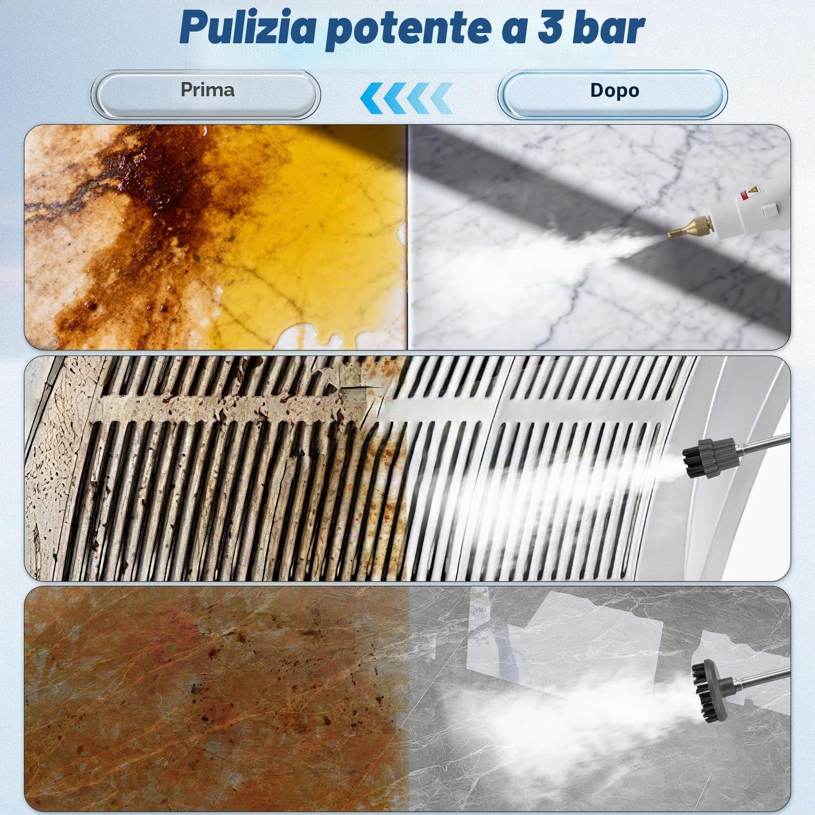 2500W Pulitore a Vapore Portatile, 9 Velocità Regolabili, con 9 Accessori, 1,2L Grande Serbatoio Steam Cleaner, per Cucina Bagno Patio Piastrelle Fughe Pavimenti (Bianco)