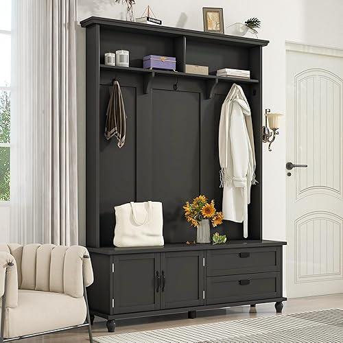 LUMISOL Árbol de entrada con banco de almacenamiento y 2 cajones grandes, diseño ancho 3 en 1 con 4 ganchos y estantes, armario para sala de estar,