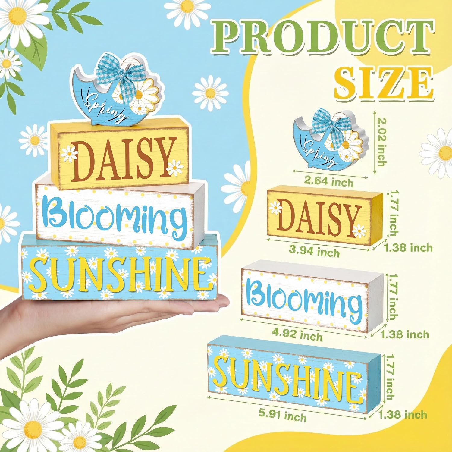 Britimes Tiered Tray Decor Set, 4 Pack, Wooden Table Sign, Daisy Spring image 3