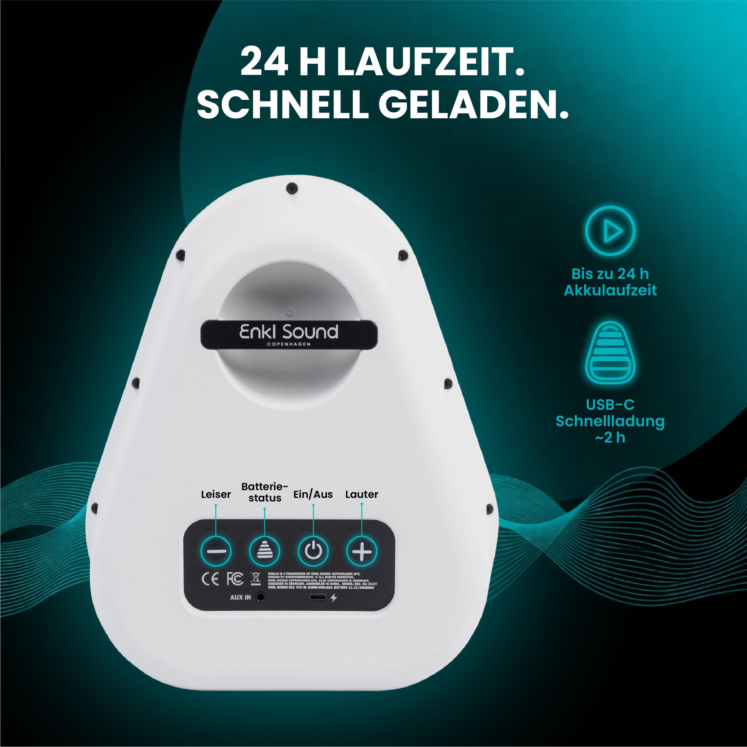 ENKL Sound ES2 Lautsprecher mit Bluetooth 5.3 - Bis zu 24 Std. Akku & Schnellladung - Kraftvoller Bluetooth Lautsprecher im dänischen Design, Wasserabweisend, Stereo-Pairing & USB-C PD - Weiss