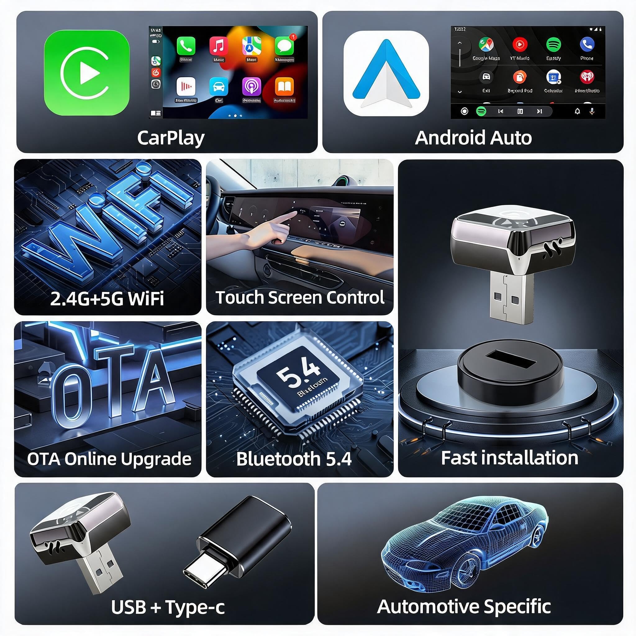 GemCoo Adattatore Carplay Wireless & Android Auto Wireless – 2-in-1, USB-C, BT 5.4, Riconnessione Rapida ~5s, per Auto con Carplay Filiare/AA, per iOS 10+/Android 11+