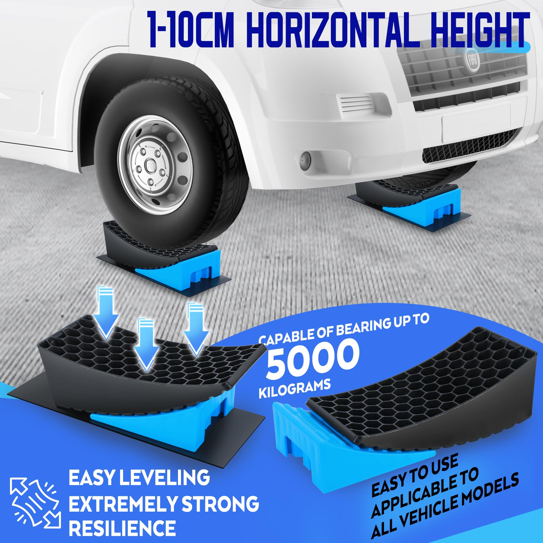 Rampas Para Coches, Calzos Autocaravana, 2 Unidades Rampa Coche, Camper Furgoneta Accesorios, Estabilizadores Camper, Máximo 5 Toneladas, Cuñas Niveladores Para Cualquier Superficie (blue)