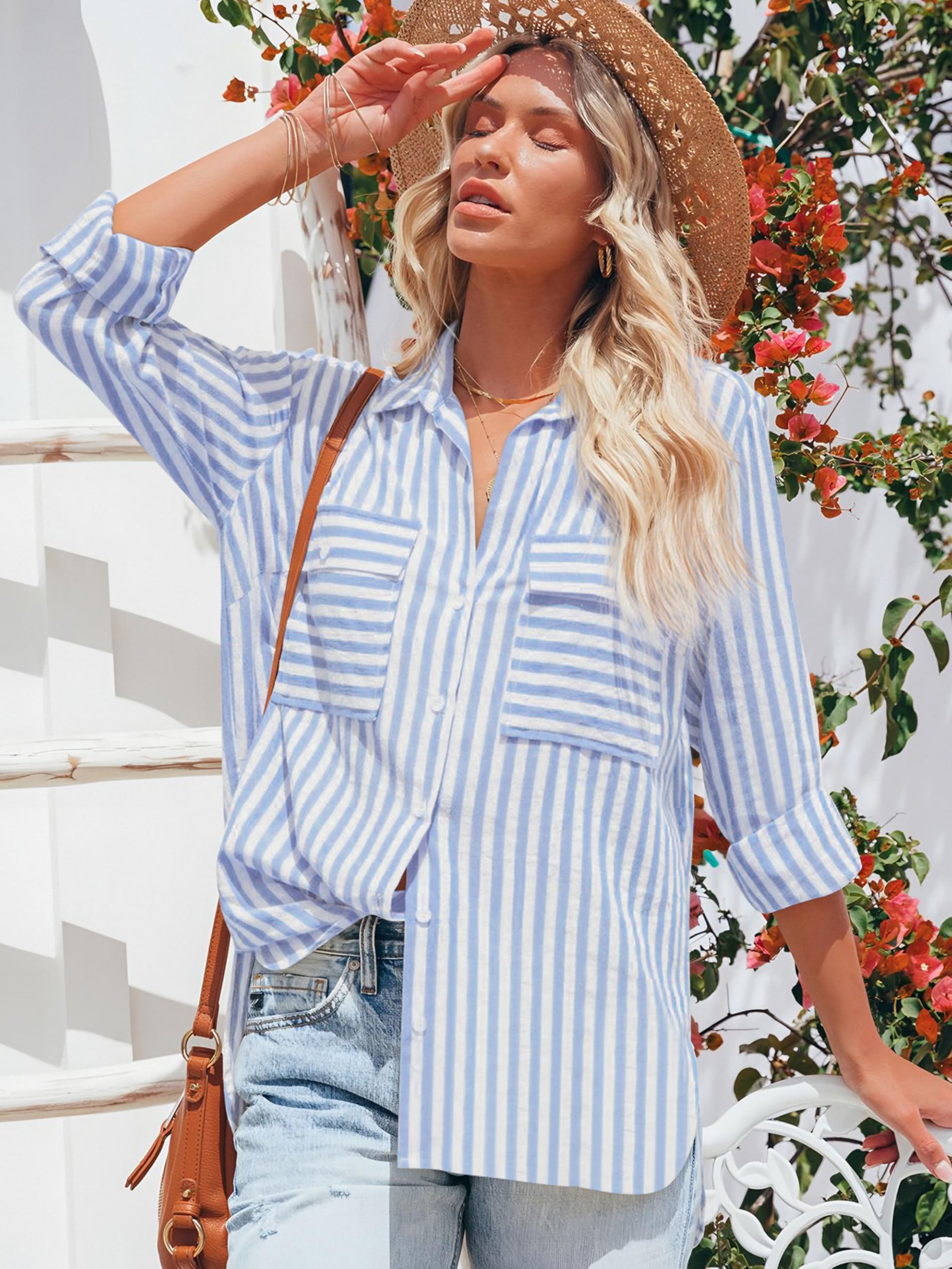 NONSAR Camicetta da donna a maniche lunghe, casual, a righe, in cotone, a maniche lunghe