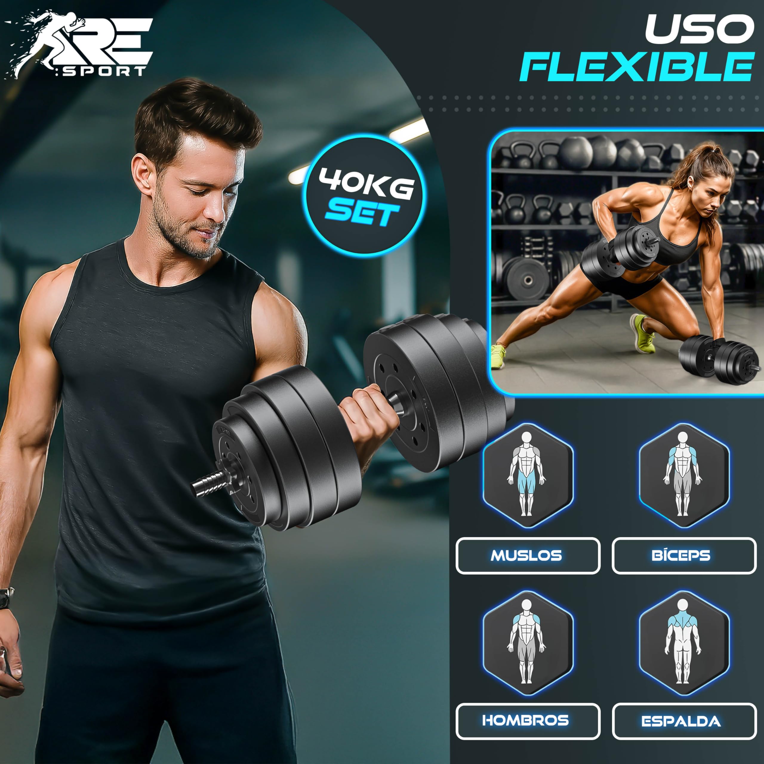 RE:SPORT Juego de 2 Mancuernas ajustables 15/20/30/40 kg con pesas y 4 cierres de estrella | Set de pesas para fitness, musculación, entrenamiento de fuerza y gimnasio en casa