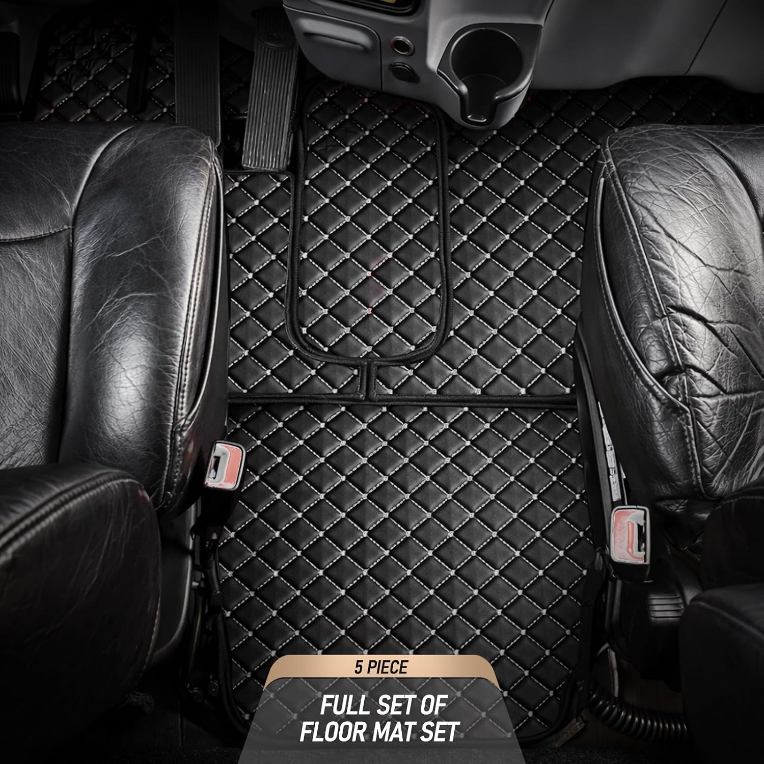 Floor Mat Set for Peterbilt 386 (2005–2015), 388 (2007–2015), 389 (2006–Present), 379 Late Models (2000–2007) – 72" Sleeper, Black Faux Leather Floor Mats, Heavy-Duty Interior Protection (Black/Grey)