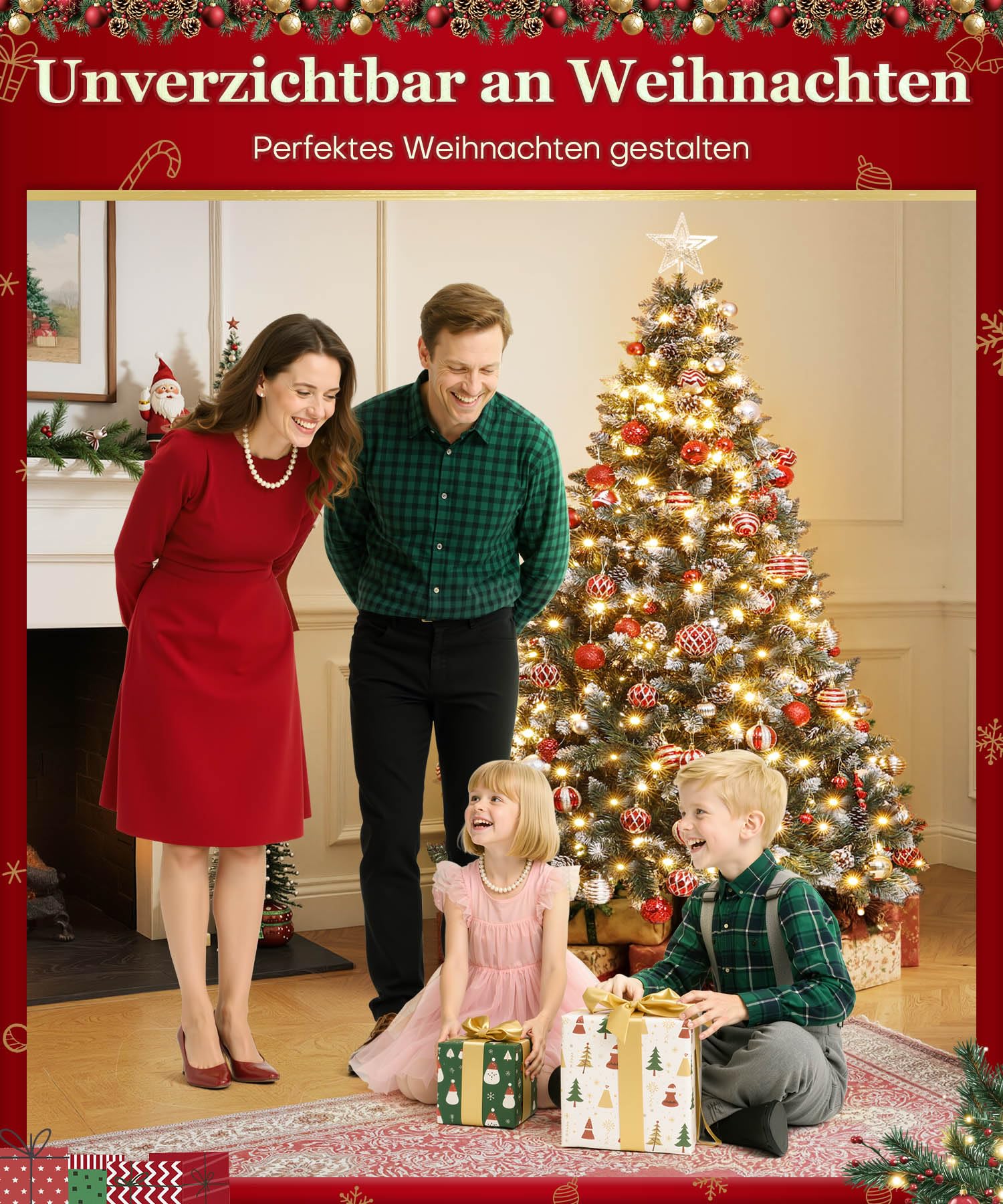 Yorbay künstlicher Weihnachtsbaum mit Beleuchtung und weißem Schnee, LED Tannenbaum für Weihnachten-Dekoration mit echten Tannenzapfen, Feuerbeständig (210CM)