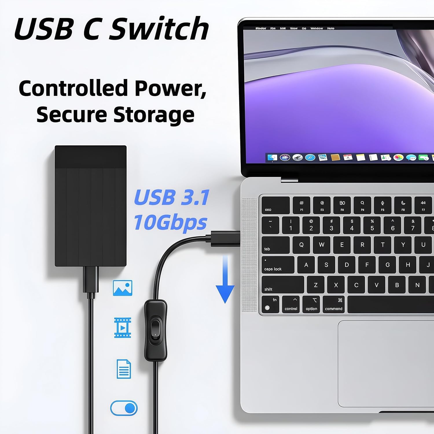 USB C on Off Switch (10gbps/100w/4k@60hz/1ft),USB C Cable with Switch Support Charging/Data/Audio/Video Transmission Compatibility with Most USBC Devices (Smartphones, Laptops,Monitors)