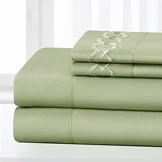 HOMEIDEAS 4 Piece Buckle Embroidered Edge Bed Sheets Set Extra Soft Brushed Microfiber 1800 Bedding Sheets Deep Pocket, Wrinkle & Fade Free (Super King, Sage-Green)
