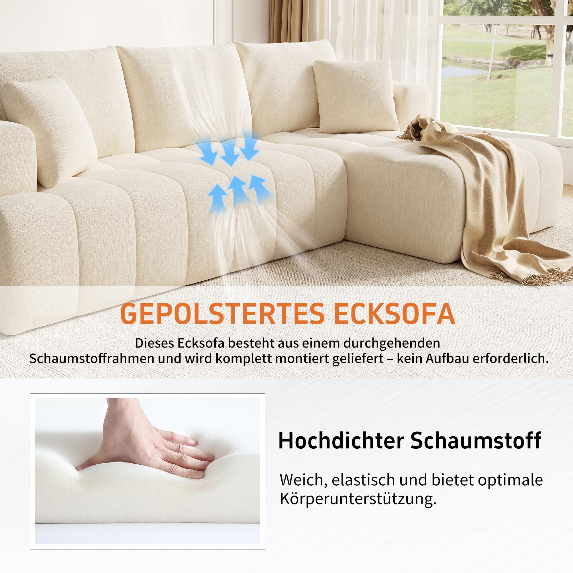 Sofá de esquina con función de dormir, sofá cama modular en forma de L de 3 plazas, sofás seccionales para salón, cómodo tejido de chenilla, no requiere montaje, para salón y apartamentos (beige - 3