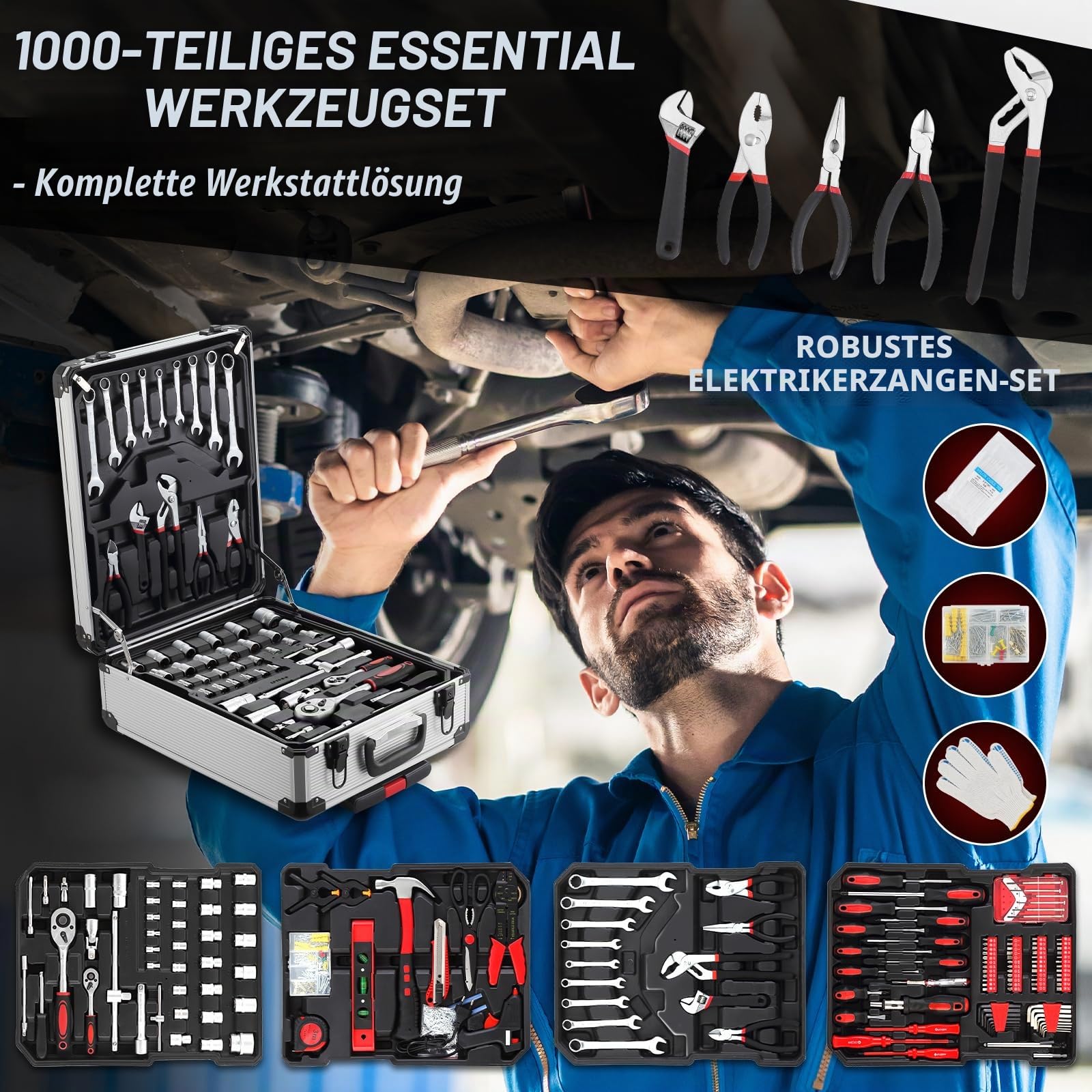 TEENO Werkzeugkoffer | 1000-teilig Werkzeug | Werkzeugkiste im Aluminiumkoffer | Werkzeugkoffer gefüllt mit Rollen | Werkzeugkasten für Haushalt, Garage und Professionelle Reparaturen