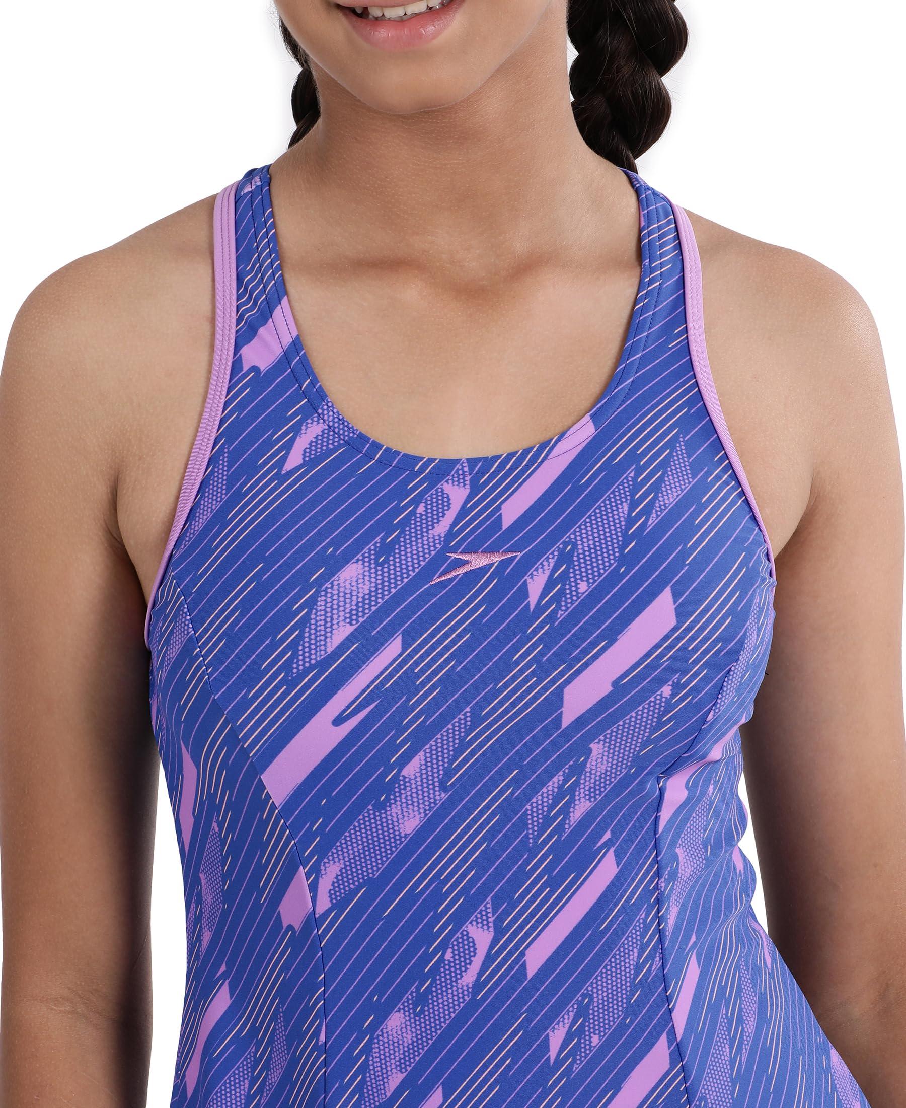 Speedo Girl's Endurance 10 High Chlorine Resistant UPF 40+ Sun Protection Printed Racerback Swimdress with Boyleg - Sweet Purple & True Cobalt 4