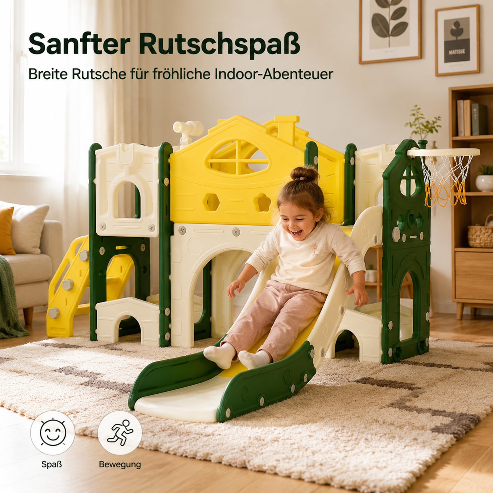 DULRLLY 5 in 1 Kinder Rutsche Indoor Outdoor, Rutschhaus mit Klettergerüst, Basketballkorb Und Tunnel, Schaukel und Treppe, Montessori Kinderspielplatz Wohnzimmer & Kinderzimmer ab 1–6 Jahre