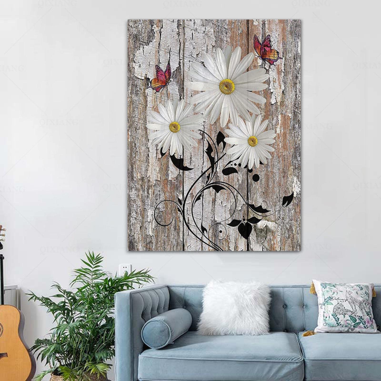 Wandbild Gänseblümchen & Schmetterling – Vintage Leinwanddruck 40,6 X 50,8 Cm, Gerahmt & Aufhängefertig