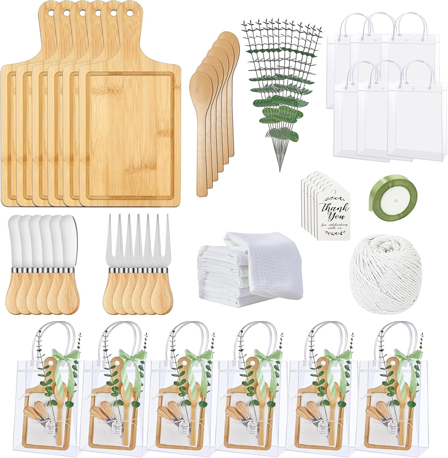 6 Sets Baby Shower Prizes for Game Winners - Baby Shower Gift Bags for Guests with Cheese Board, Butter Spreaders, Green Satin Ribbon, Towels & Thank You Card | Bridal Shower Party Favors (56PCS)