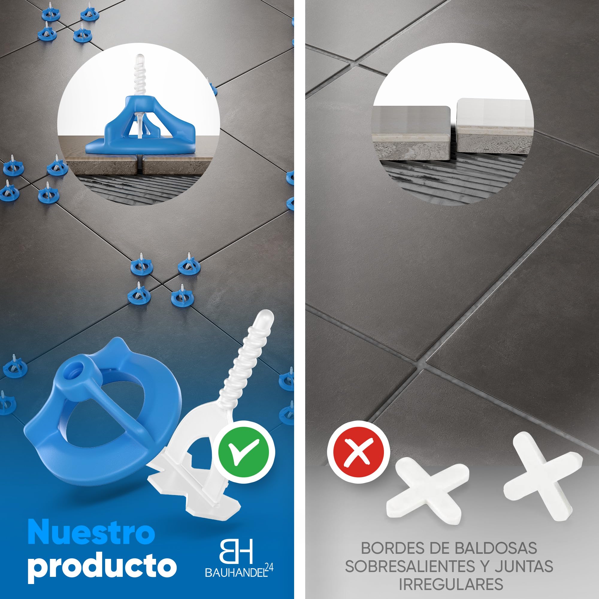Bauhandel24 sistema de nivelación 400 lengüetas 2 mm 200 tapas roscadas soporte para azulejos 6 mm 16 mm niveladores de azulejos cuñas niveladoras suelo cuñas para azulejos autonivelante para suelo