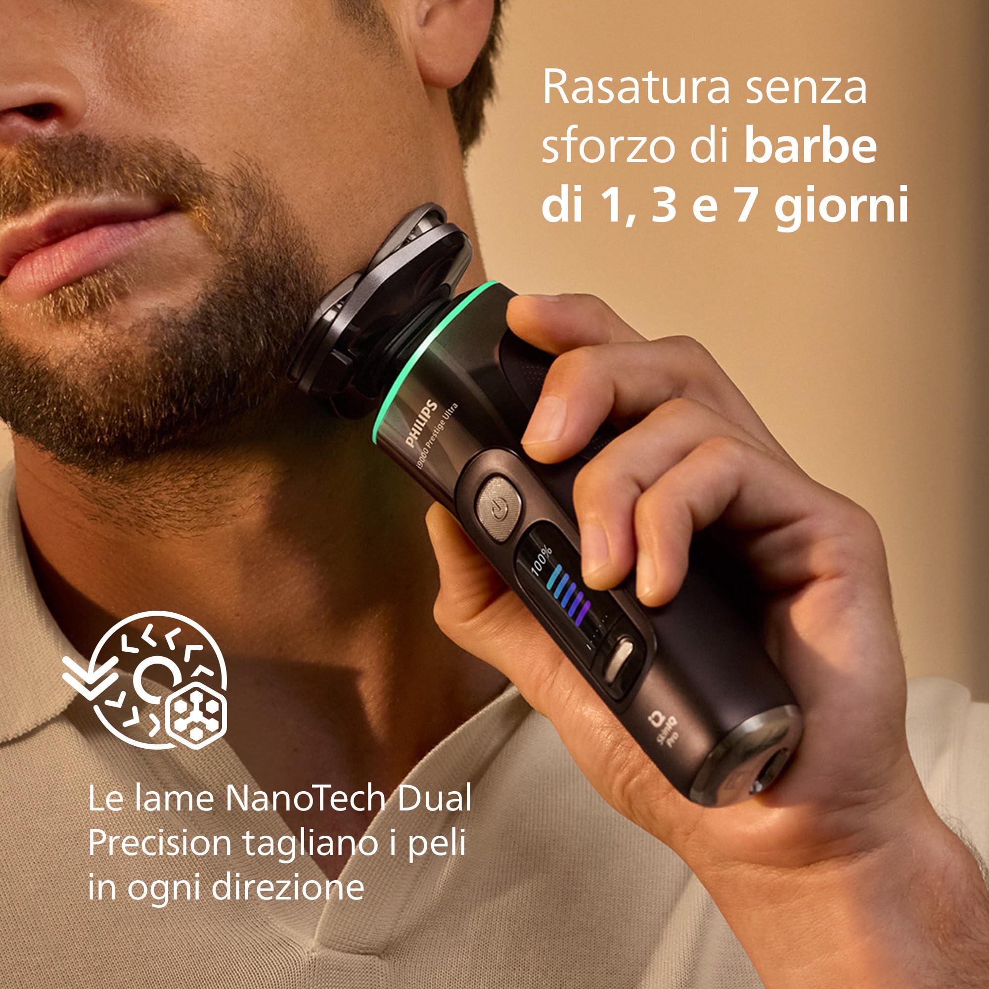 Philips Shaver i9000 Prestige Ultra, rasoio elettrico Wet & Dry, tecnologia Skin IQ Pro, triplo sistema Lift & Cut, lame di precisione NanoTech 360º, 5 modalità di rasatura, modello XP9405/31