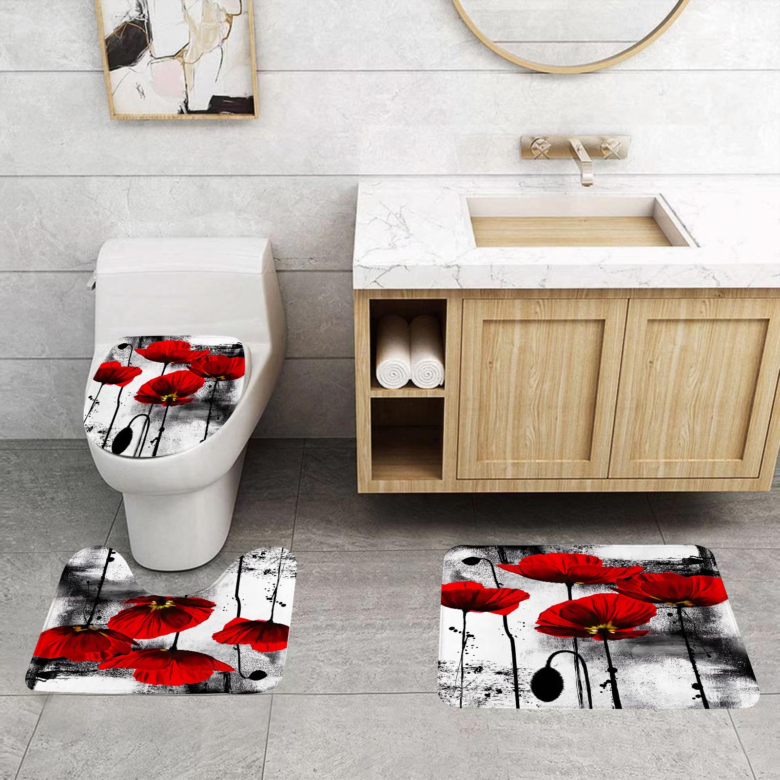 Set di 3 tappetini da Bagno, Lavabili in Lavatrice e Antiscivolo, in Morbida Fibra Superfine, con Motivo a Papaveri acquerellati.