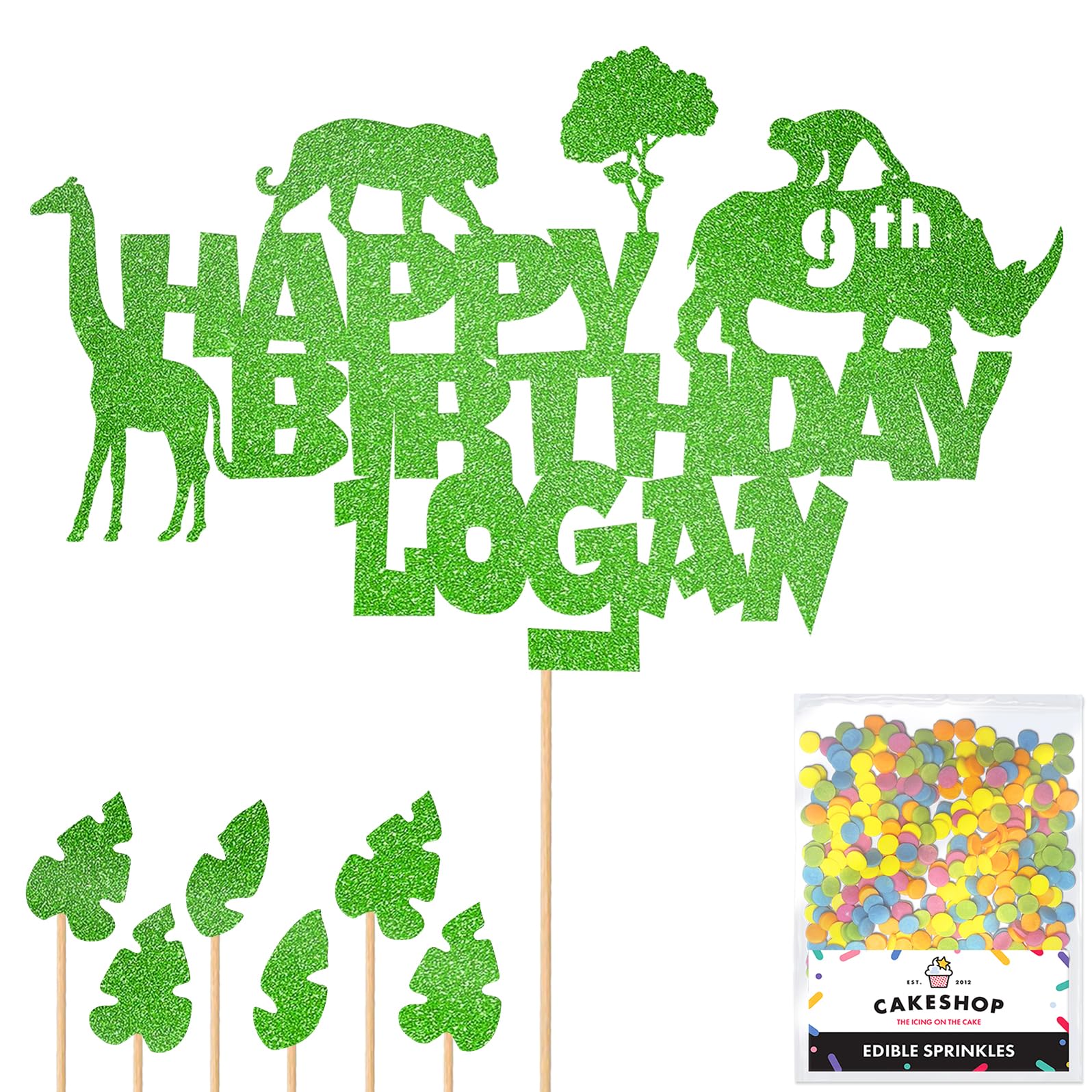 Personalised Jungle Animals Glitter Cake Topper- Green Any Custom Age & Name Glitter Cake Decoration and Sprinkles - Happy Birthday Decorations - Personalised Toppers for Cakes by Cakeshop โ image 1
