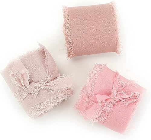 Miniatura 8 de MEEDEE Cinta de gasa hecha a mano con flecos, cinta de seda de gasa de 1.5 pulgadas x 6 yardas, juego de cintas color rosa polvoriento, rosa y