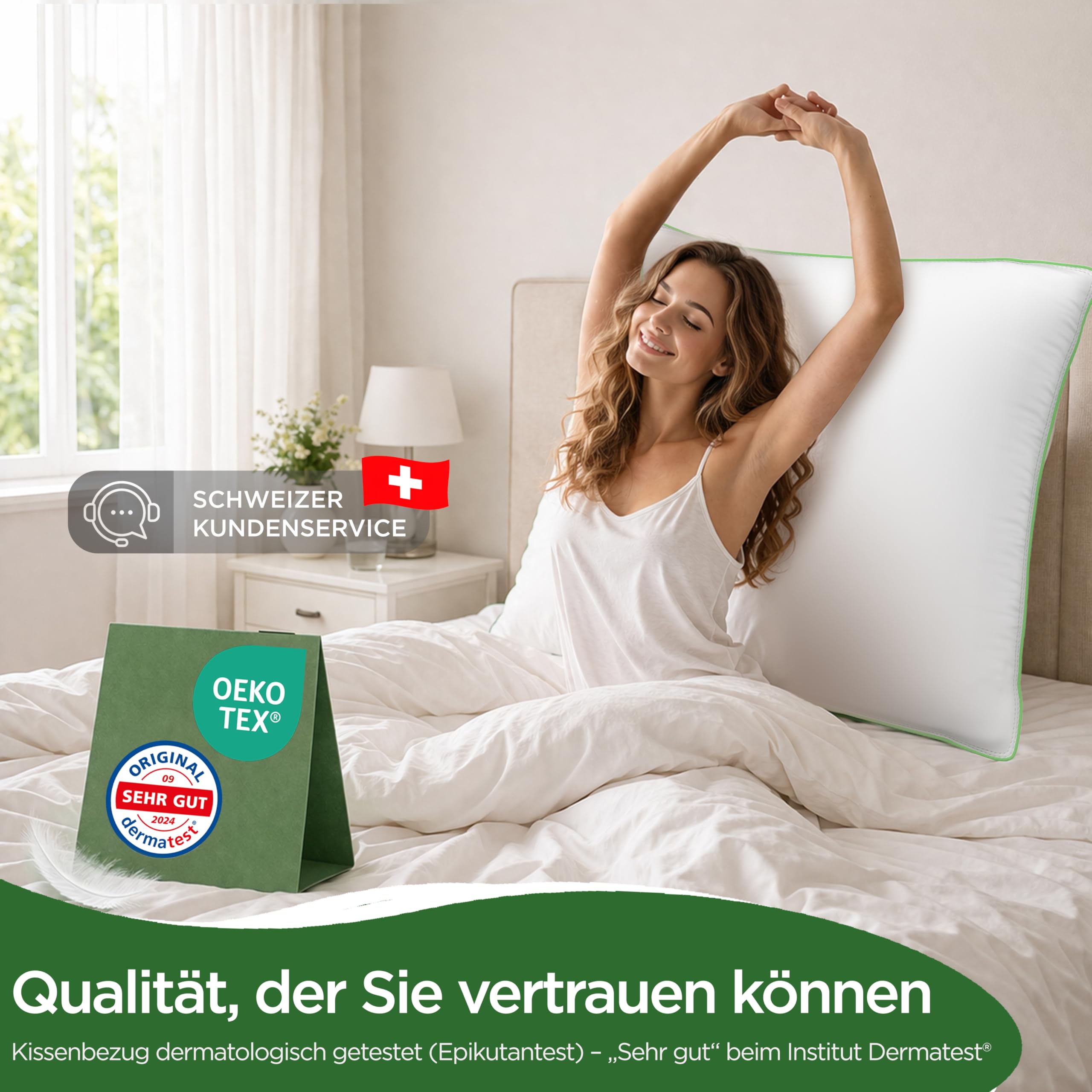 Welldora Kopfkissen 80x80 100% natürliche Daunenfasern Federn 3 Kammern Nackenstützkissen Oeko-Tex zert.