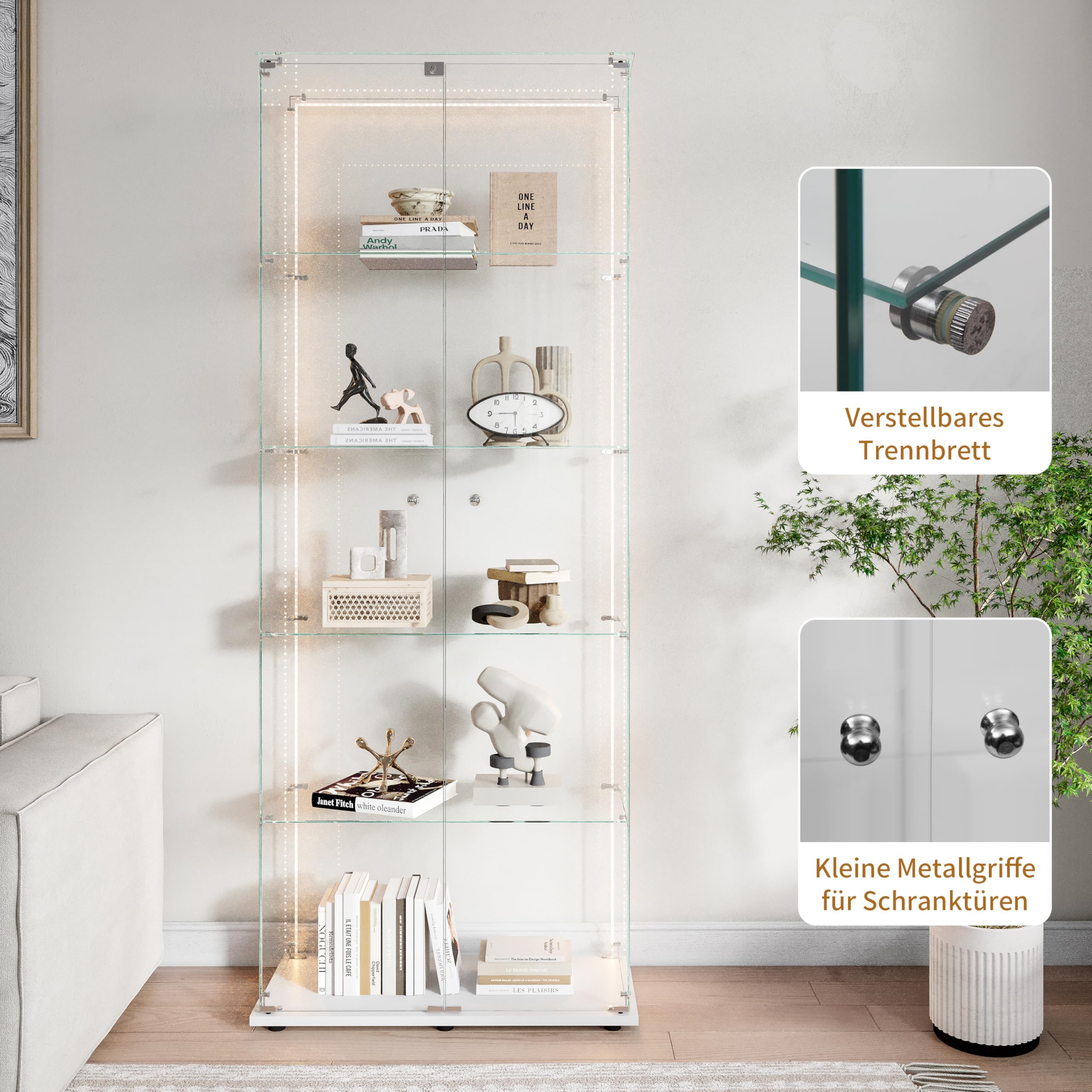 Vetrina in vetro con LED,Armadio vetrina per collezione con 2 ante 5 ripiani trasparente mobile vetrina vetro vetrine statuetta armadio soggiorno bar (5 piani 2 porte+LED-1, bianco)