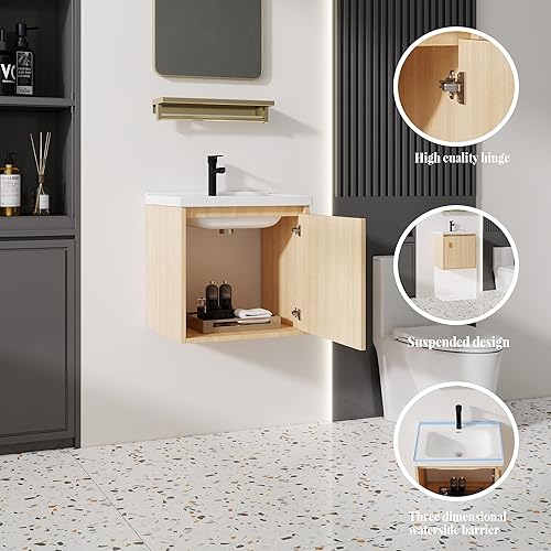 Miniatura 142 de Tocador de baño de 20 pulgadas con lavabo de cerámica, tocador de baño pequeño montado en la pared con puerta de cierre suave, gabinete flotante