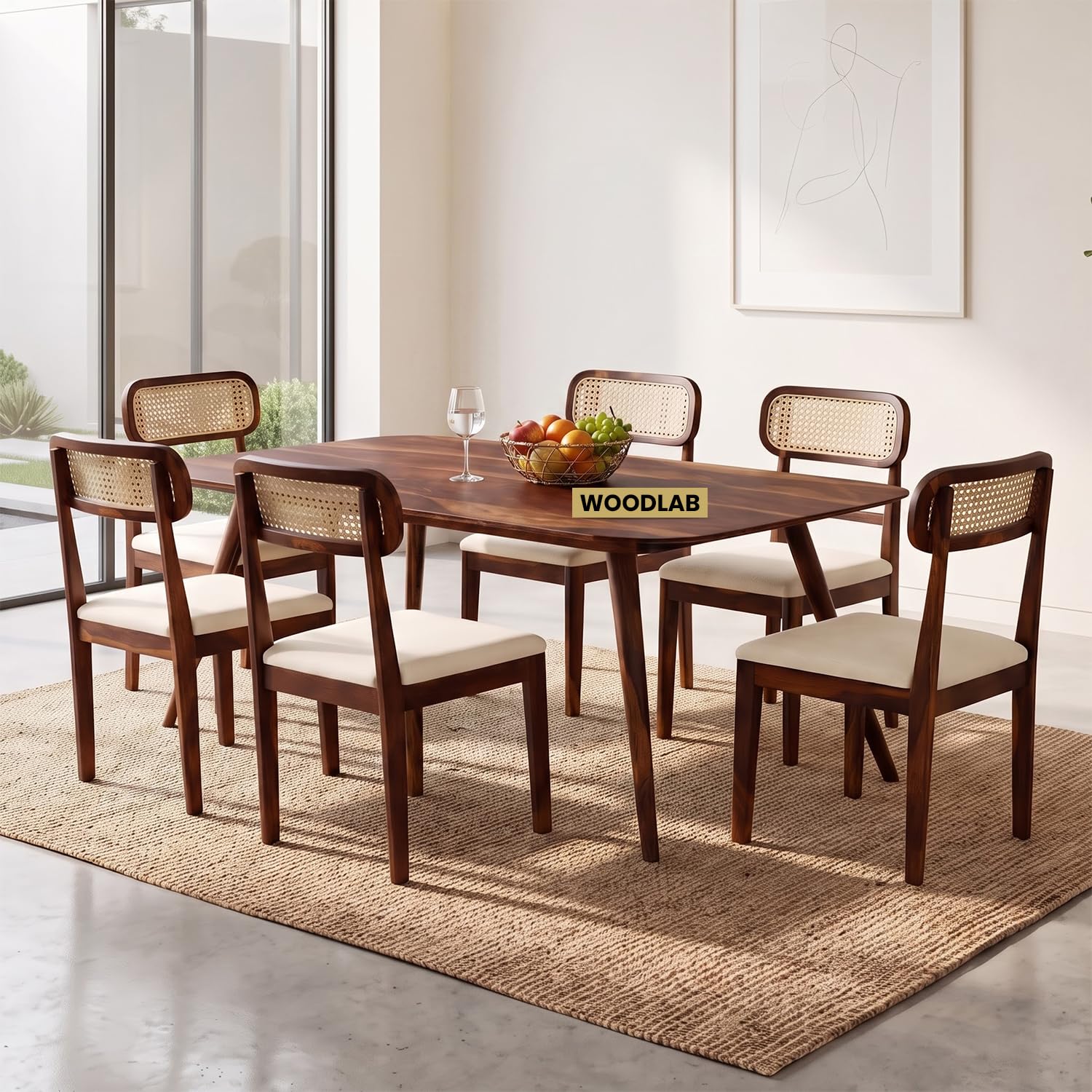 WOODLAB Solid Sheesham Wood 6 Seater Dining Table Set | Wooden Six Seater Dining Table with Cushioned Cane Back Chairs Furniture for Living Room, Home, Hotel & Restaurants (Natural Finish)-image-47