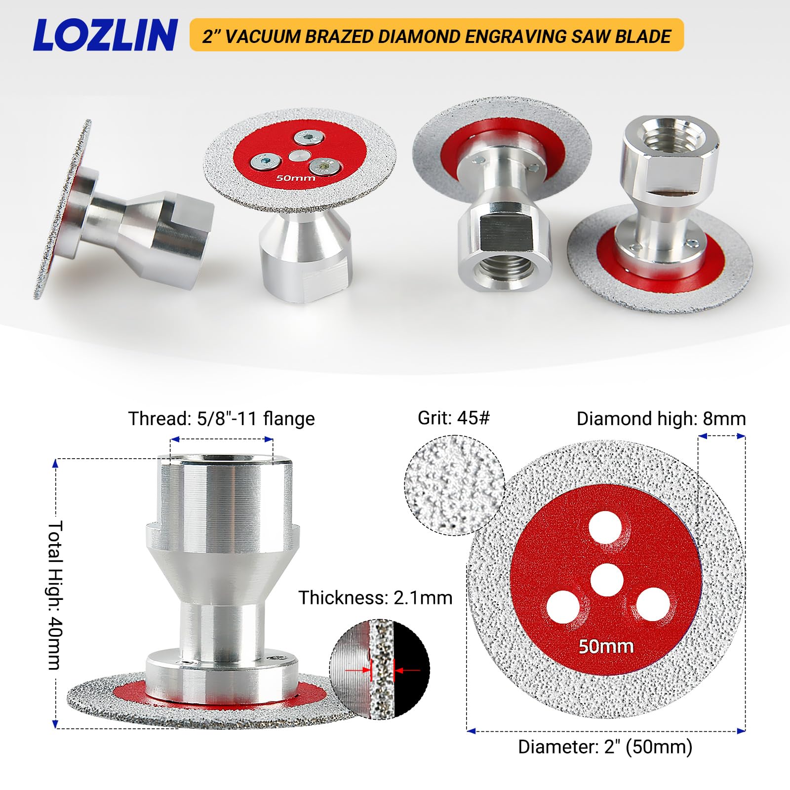 LOZLIN 3 hojas de sierra de espeleología soldadas al vacío de diamante de 50 mm, con brida extraíble de 5/8-11, mini disco de molienda para hormigón, baldosas de cerámica, metal, hojas de sierra (rojo