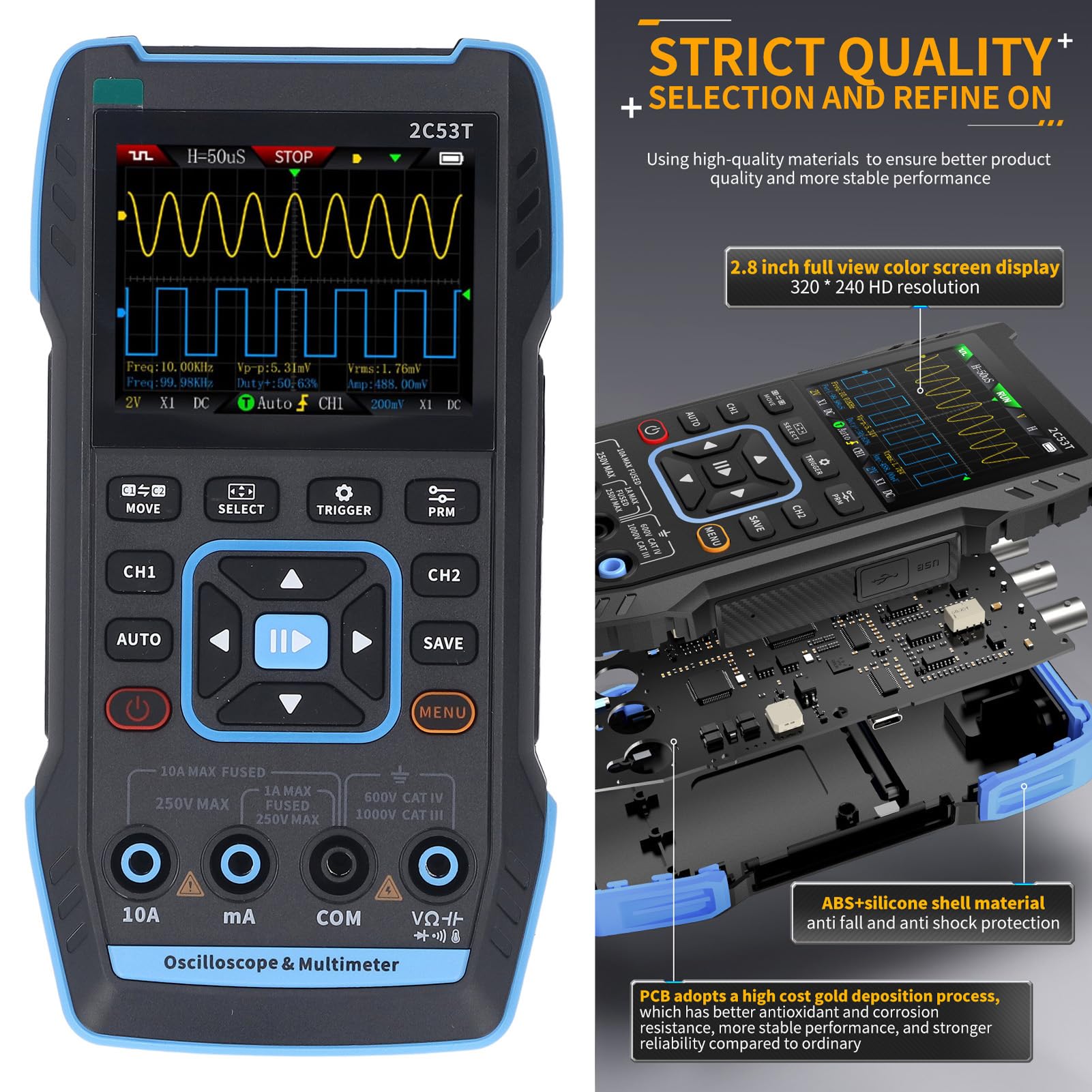 Eujgoov Multímetro de Osciloscopio de Mano Digital Profesional con Generador DDS de 50MHz, Portátil 3 en 1, Adecuado para Trabajo de Trabajo, Aula, Laboratorio con Batería de 3000 MAh