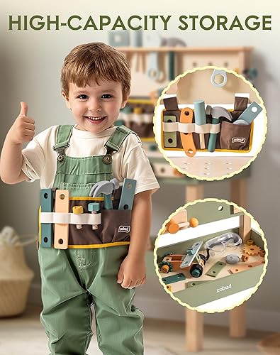 Miniatura 2 de ROBUD Banco de trabajo para niños pequeños, juguete de construcción de madera con cinturón de herramientas, gafas y accesorios para montaje