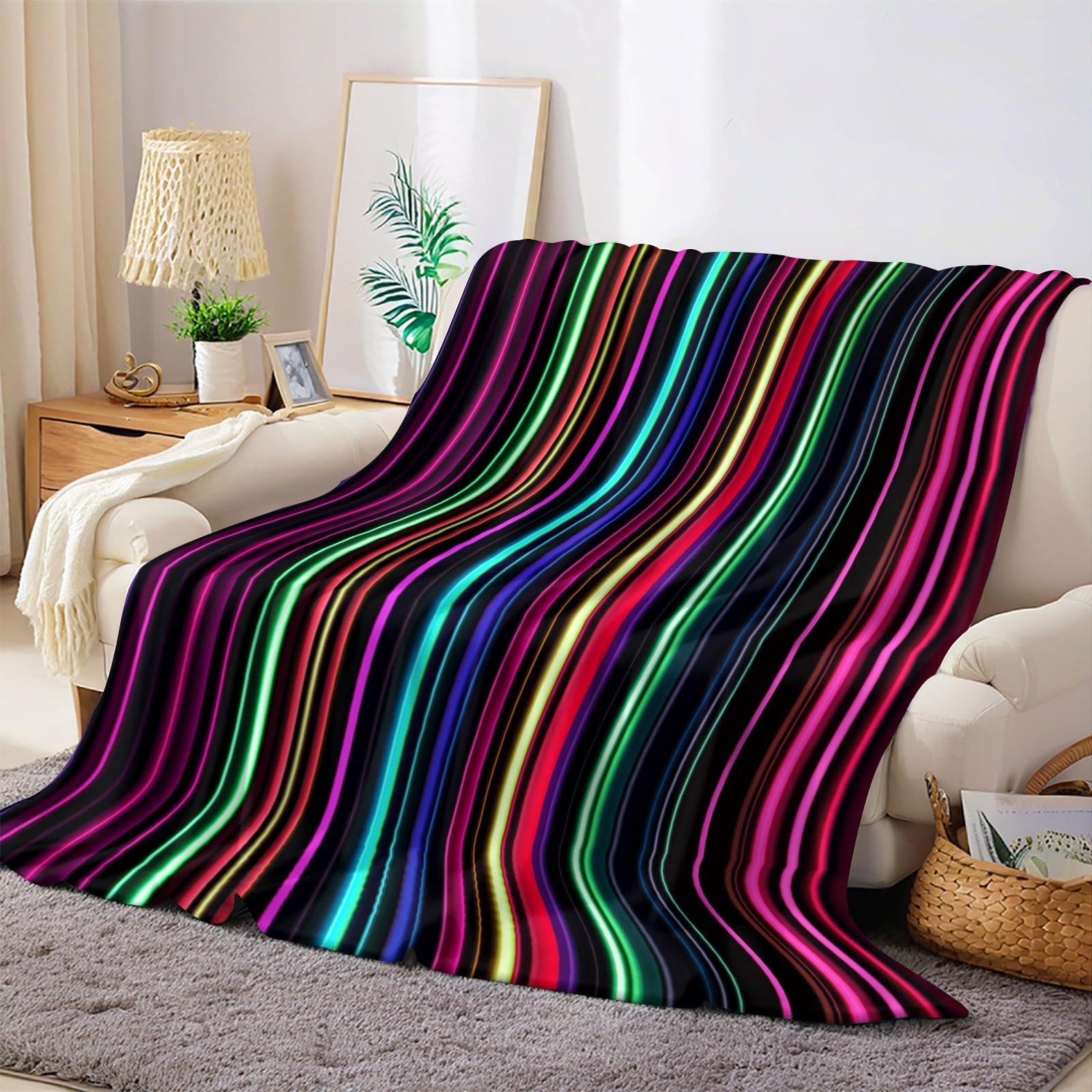 Couverture Polaire Rayures néon 220x240 cm Plaid Flanelle Super Doux et Chaud, Léger et Confortable, Jeté de Canapé, Couverture Voyage Enfant et Adulte, Noir