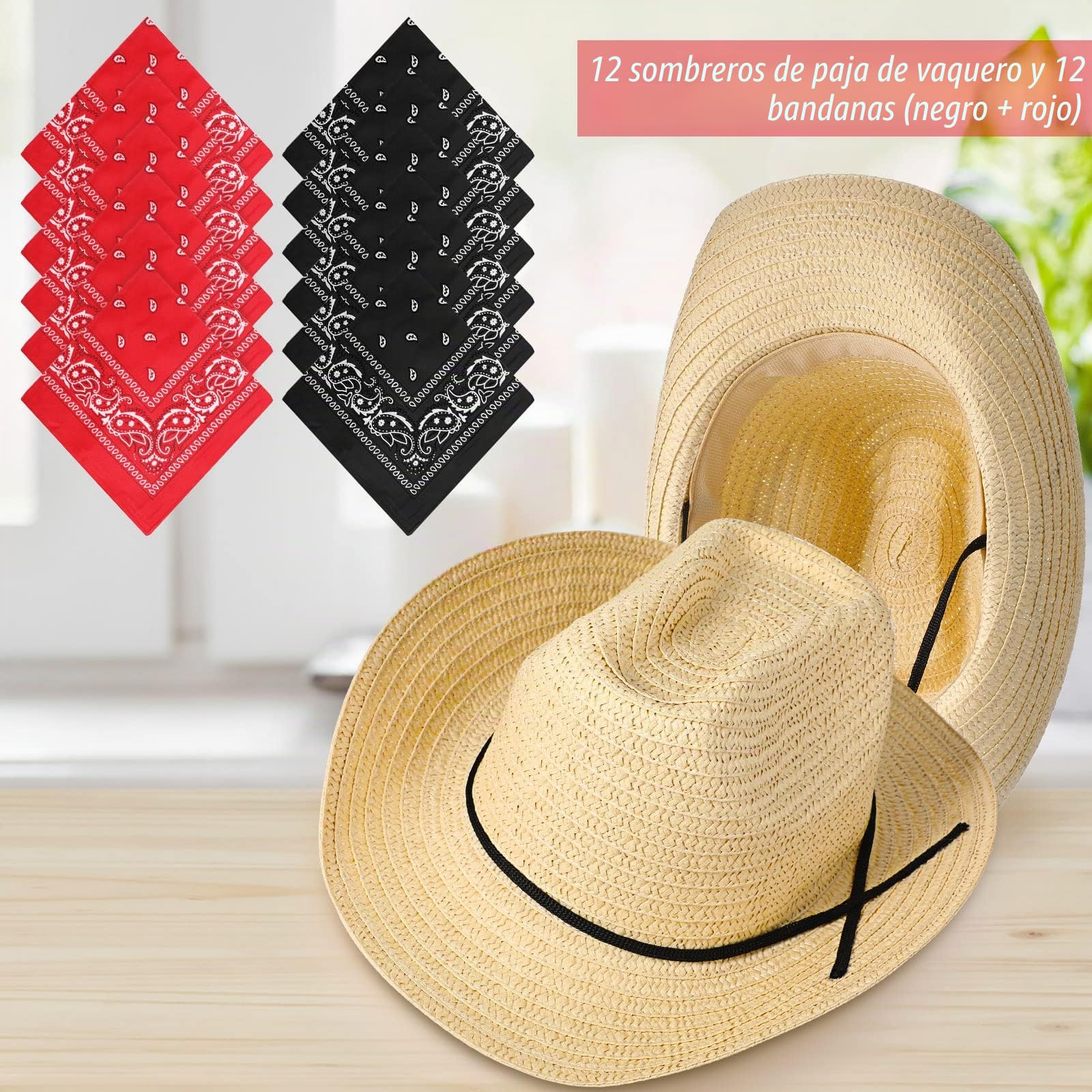 SATINIOR 12 Set Straw Cowboy Hats and Bandanas Party Pack Cowboy Party Hat Costume Head Bandana Bulk Western Accessories