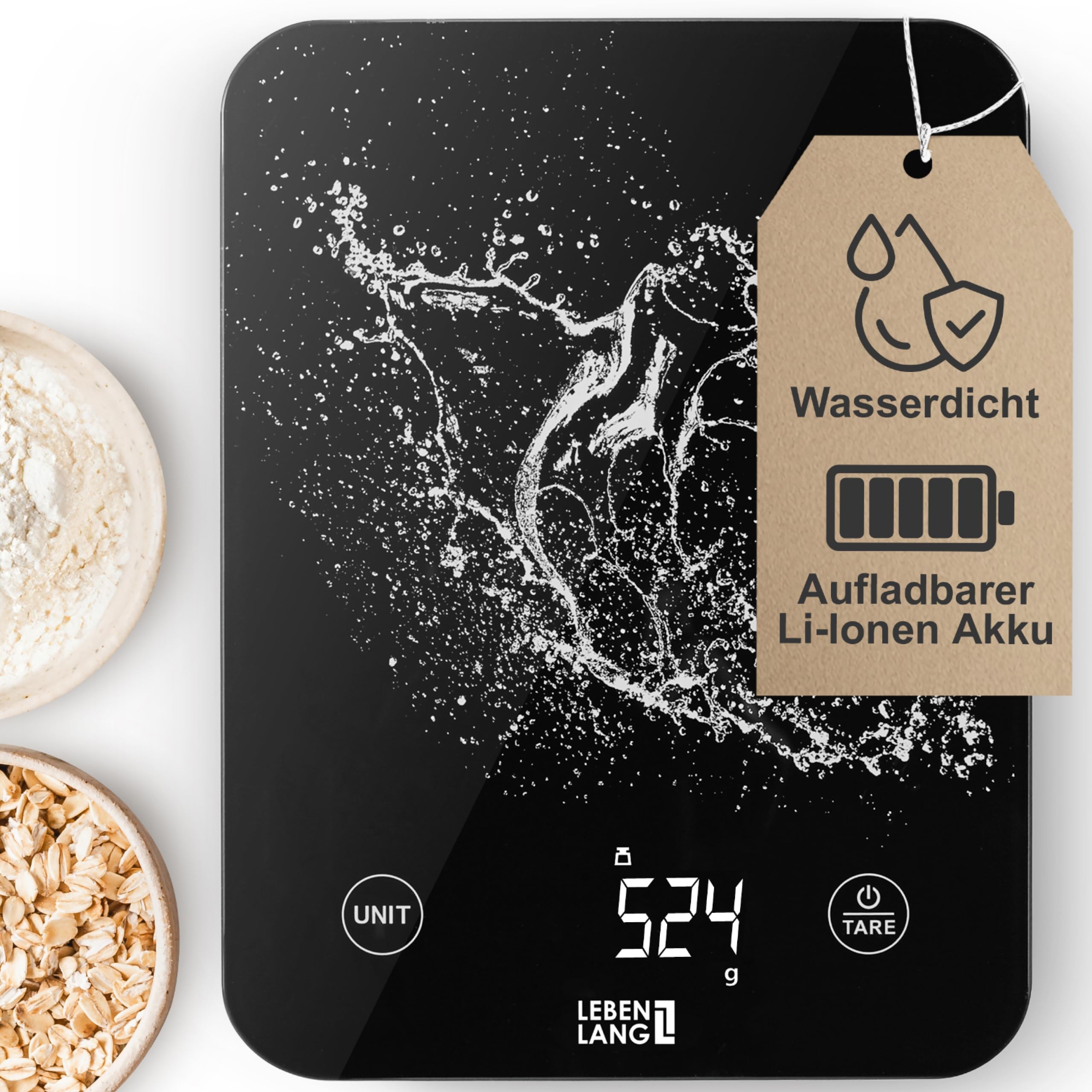 LEBENLANG Digitale Waage Küchenwaage Wasserdicht - USB Aufladbar & Inkl. Ladekabel I Bis 10 Kg I Waage Küchenwage für Food & Kitchen Scale I Elektronische Kuchenwagee Digitalwaage Küchenzubehör