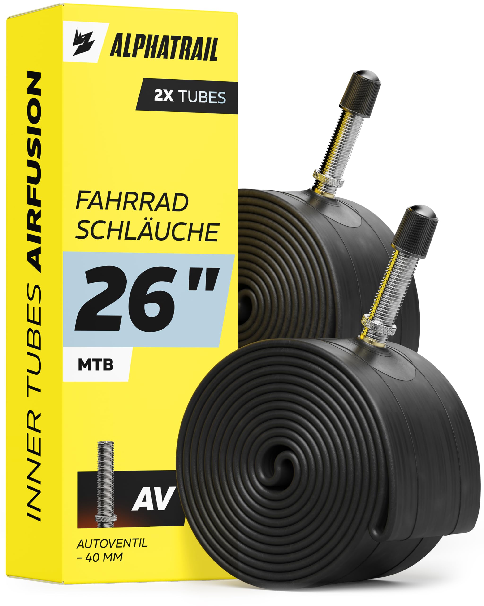 Alphatrail MTB Fahrradschlauch 26 Zoll Rick AV Autoventil 2X Set mit Mobilitätsgarantie I Kompatible Fahrradreifen Schwalbe, Continental UVM. I Fahrrad Schlauch Sport & Freizeit