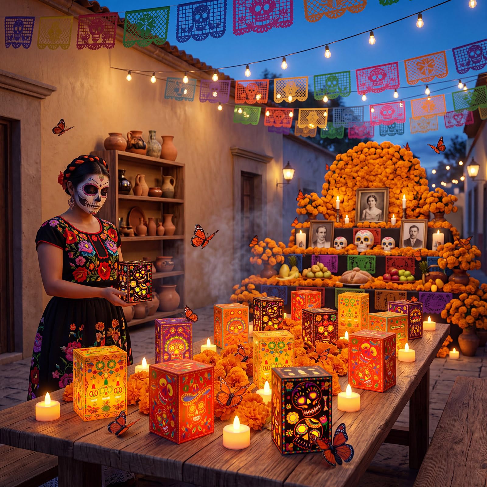 Tujoe Juego de 96 piezas de decoración del Día de los Muertos, con forma de calavera, portavelas con luces LED, caléndula artificial, mariposa monarca para decoración al aire libre de altar de Ofrenda