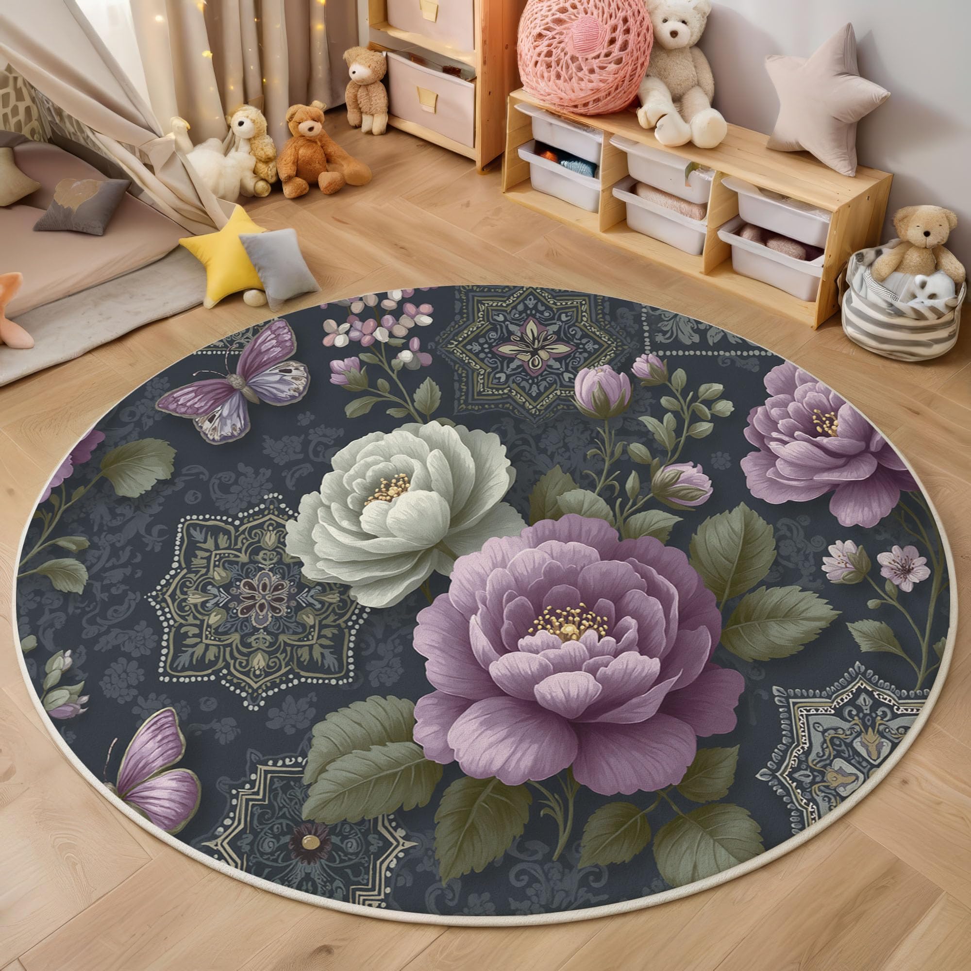 Tapis Rond Salon Papillon Floral Rétro, 200cm Tapis de Sol Mandala Patchwork Antidérapant Doux avec Bords Cousus pour Chambre Bureau L'intérieur Décorer, Gris Anthracite