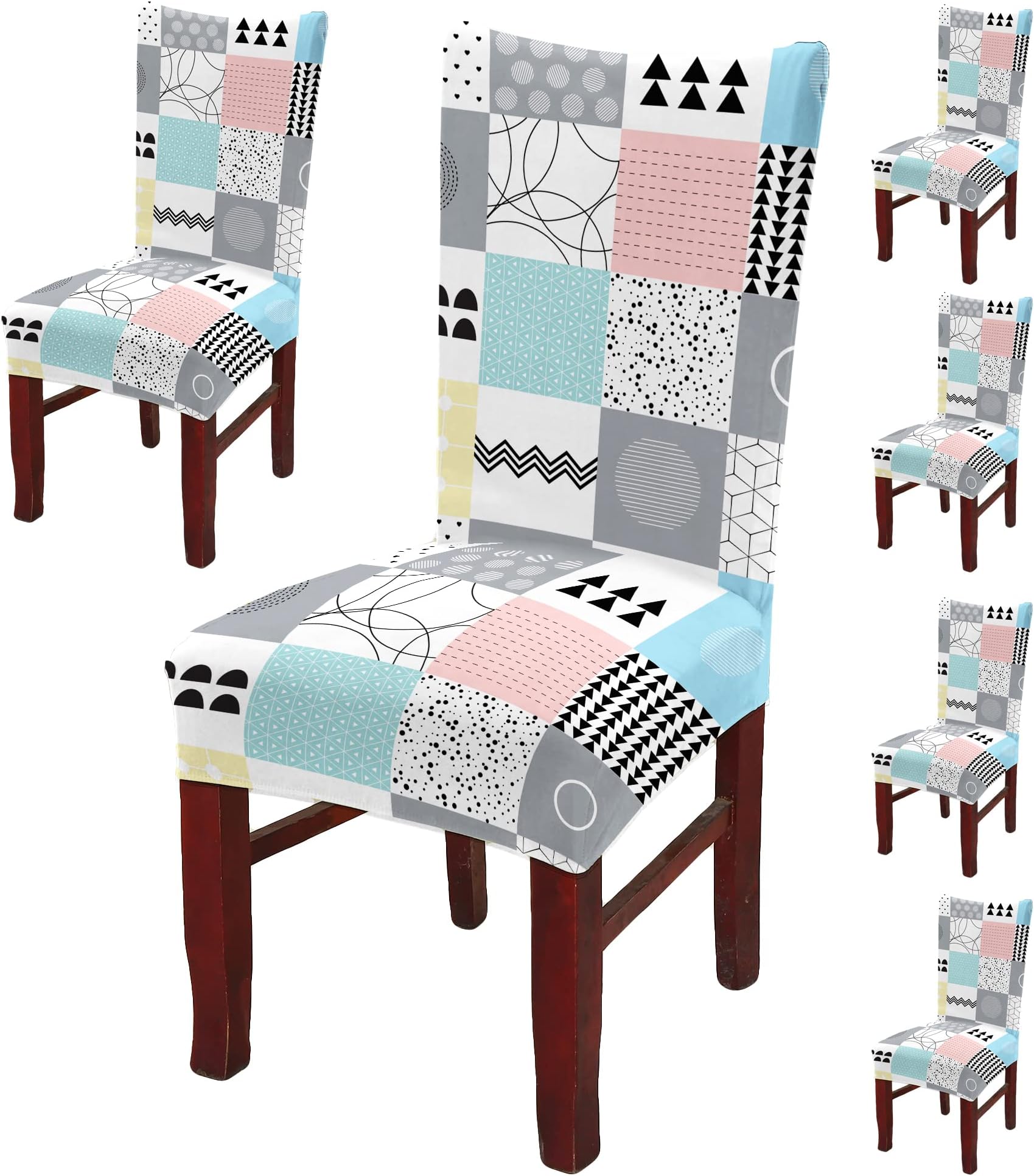 BRIDA Polyester Spandex Stretchable Floral Geometric Printed Dining Chair Covers Elastic Chair Seat Case Protector, Slipcovers (6 Chair Cover, Quilt Square), Multicolor