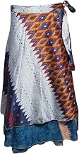 Womens Magic Wrap Vintage Reversible Silk Sari Printed Two Layer Beach Cover Up Dress Blue