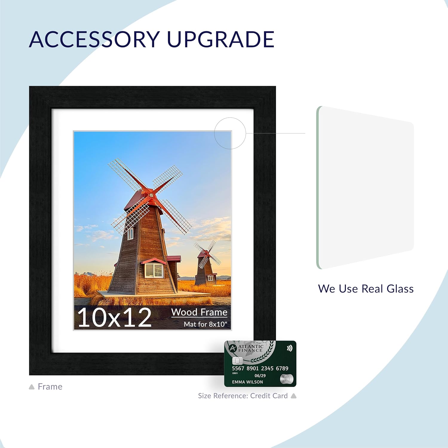 10x12 Picture Frame Set of 2 - Wood Frame with Real Glass, Display 8x10 with Mat or 10x12 without Mat, Photo Frame for Wall (Matte Black)