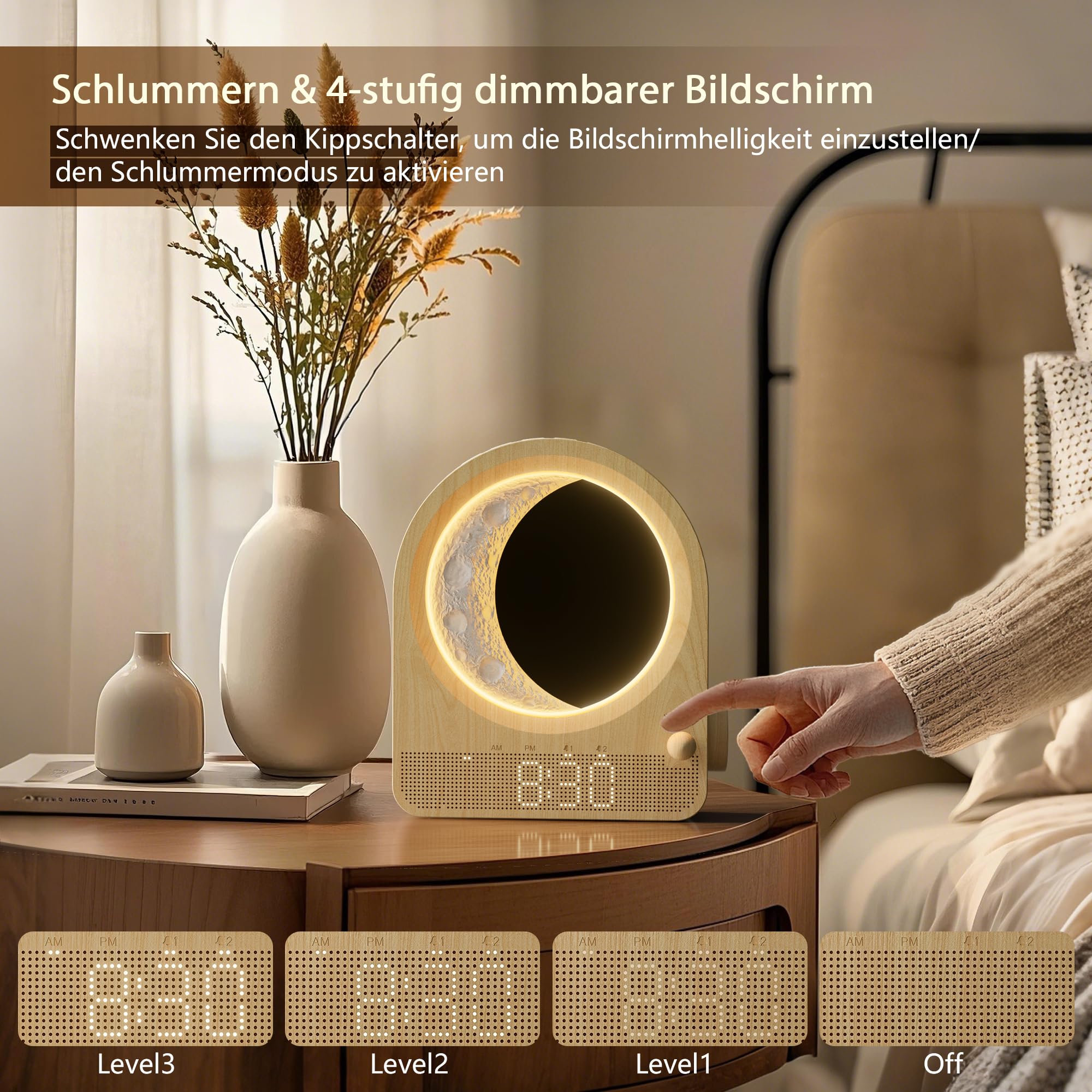 blonbar Wecker & Mondlampe kombinieren,3 Stufige Helligkeit Nachtlicht Nachttischlampe mit Tageslicht, Lichtwecker,Wake-up Light, 10 natürliche Klänge,Dimmbarem Nachtlicht,Ideal für Schlafzimmer
