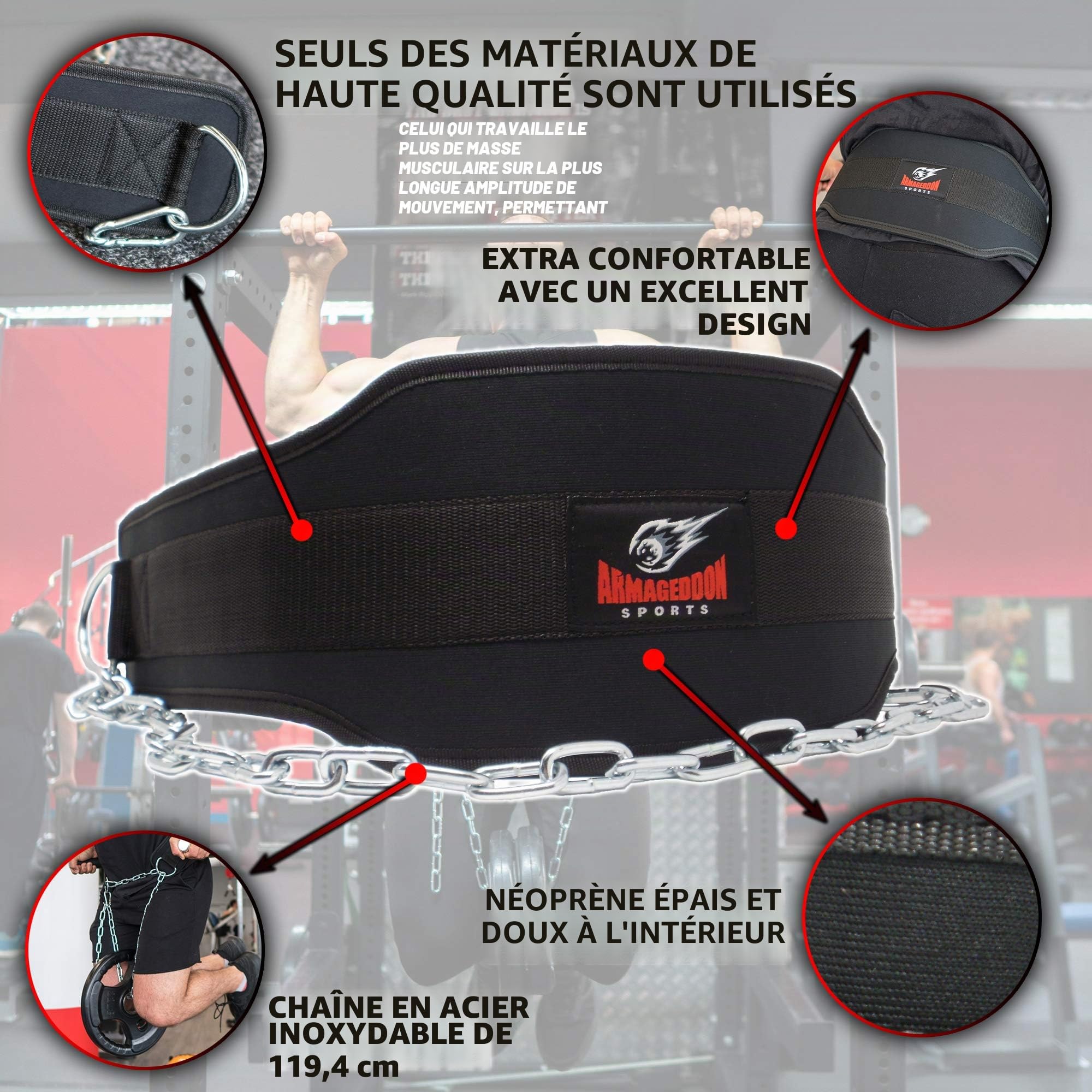 Premium Ceinture Lestée Musculation, Ceinture de Lest pour Hommes avec Chaîne ou Corde, Fixation d'un Poids pour Haltérophilie, Dip Belt la plus longue chaîne 120 cm