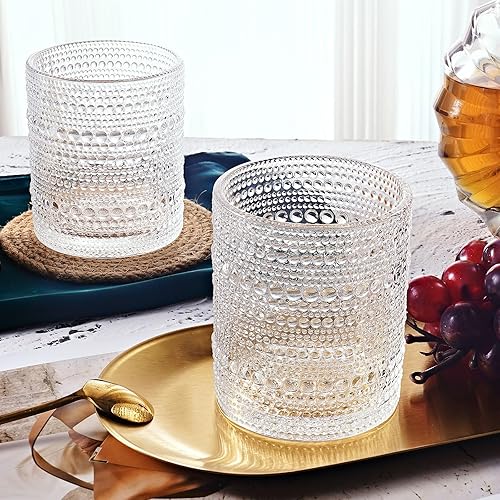 Miniatura 7 de Hobnail - Juego de 4 vasos de cristal de moda antigua de 10 onzas, juego de 4 vasos de jugo de agua, cóctel, juego de cristalería vintage, regalo
