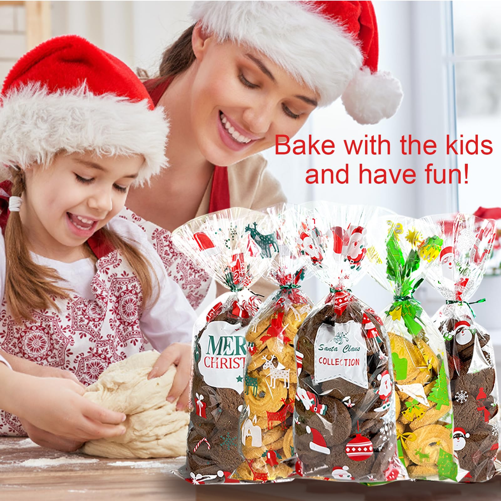 Lot De 200 Sacs à Biscuits De Noël En Plastique Pour Bonbons, Biscuits De Noël, 4 Motifs X 50