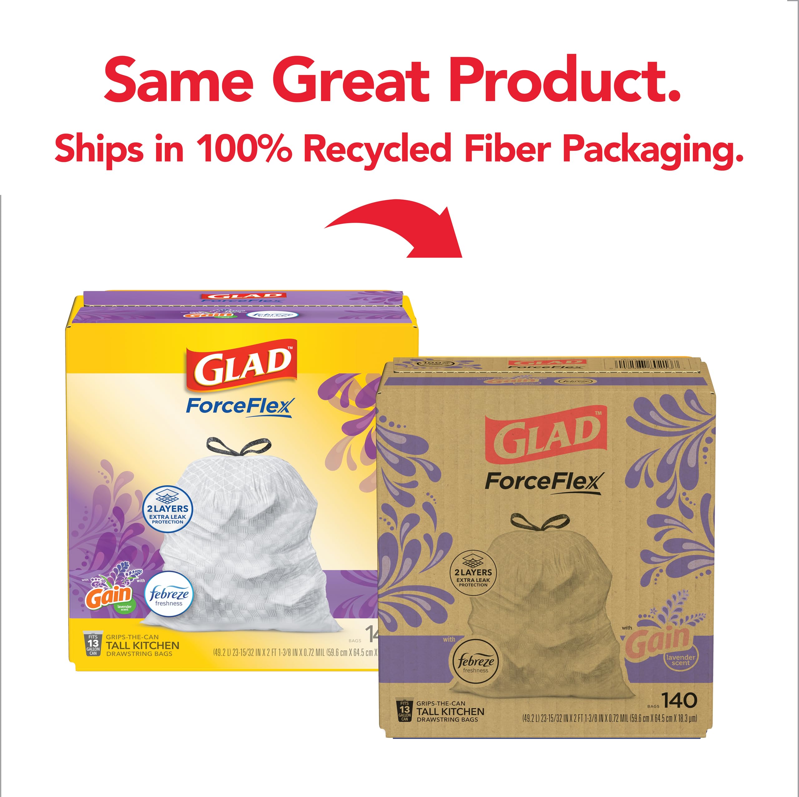 Glad ForceFlex Tall Kitchen Trash Bags, 13 Gal, Gain Lavender with Febreze, 110 Ct (Pack May Vary): 140 Count (Pack of 1)