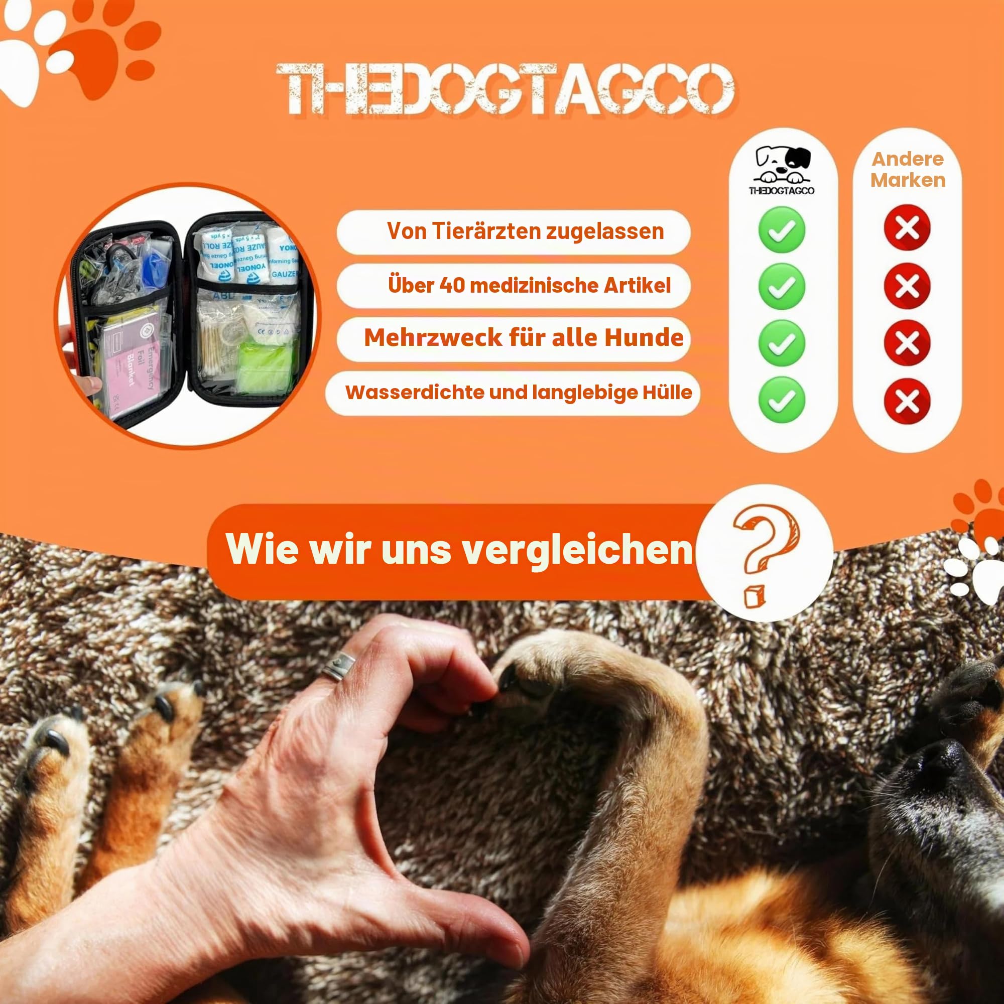 TheDogTagCo Erste-Hilfe-Set für Hunde, über 40 Gesundheitsbedarf, kompakt und tragbar, für jeden Haustier-Notfall vorbereitet