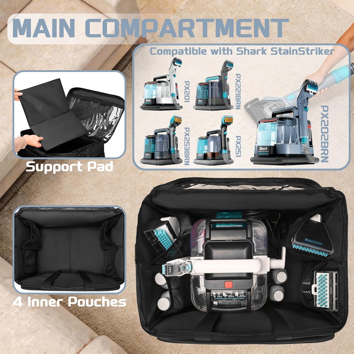 Carrying Case Compatible with Shark Stain Striker, Carpet Cleaner Bag Fits Shark Upholstery Cleaner, Storage Bag with Multiple Pockets for Attachments, Black